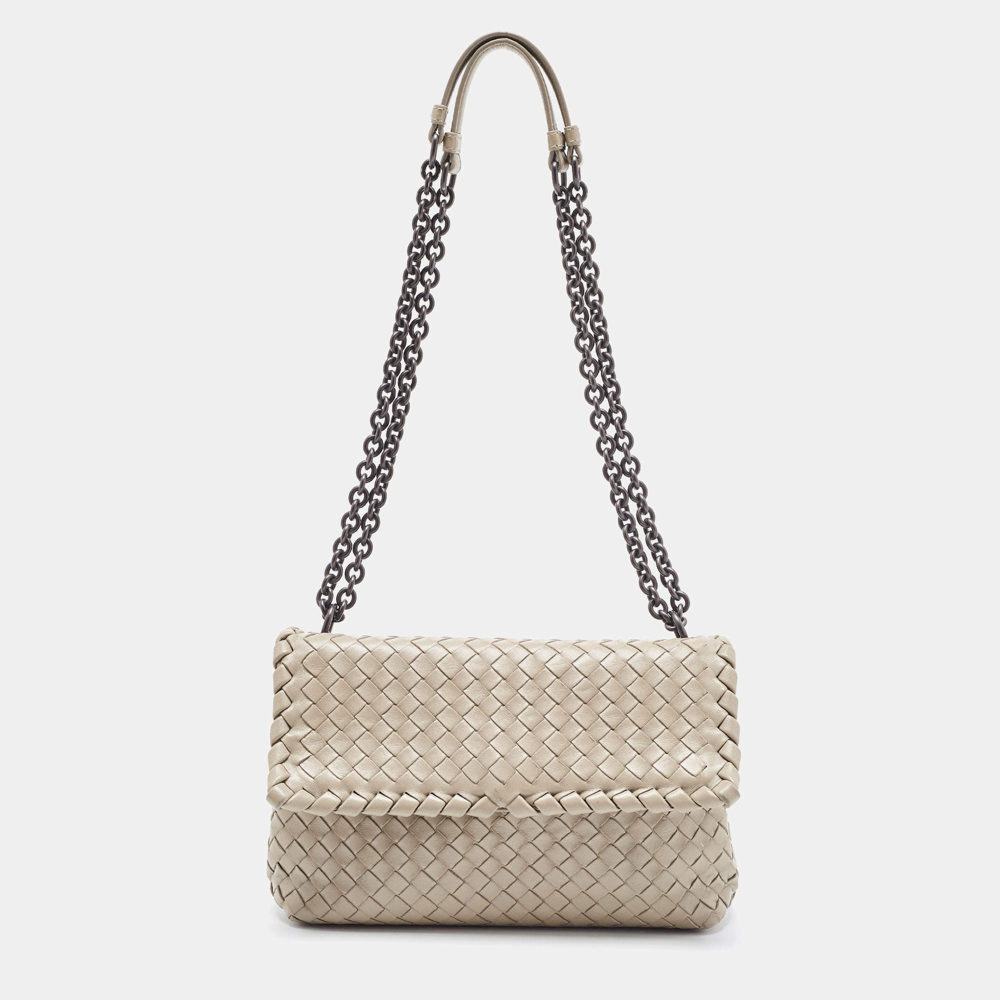 Pre Owned Bottega Veneta Grey Woven Leather Small Olimpia Shoulder Bag