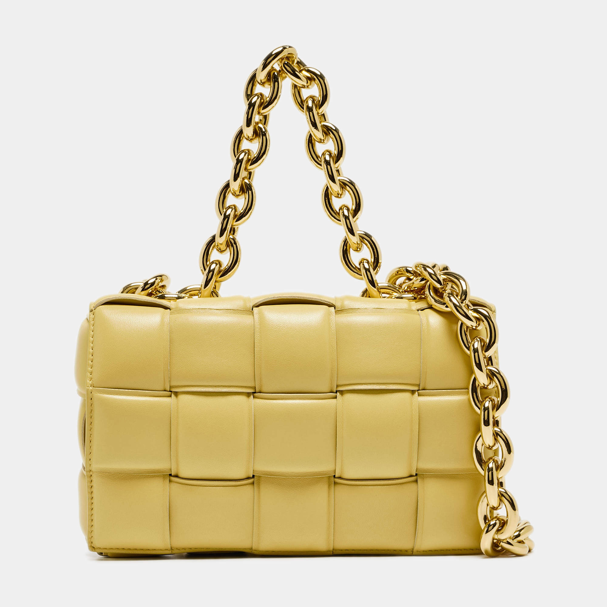 Pre Owned حقيبة كتف بوتيغا فينيتا كاسيت جلد مبطن أصفر بسلسلة