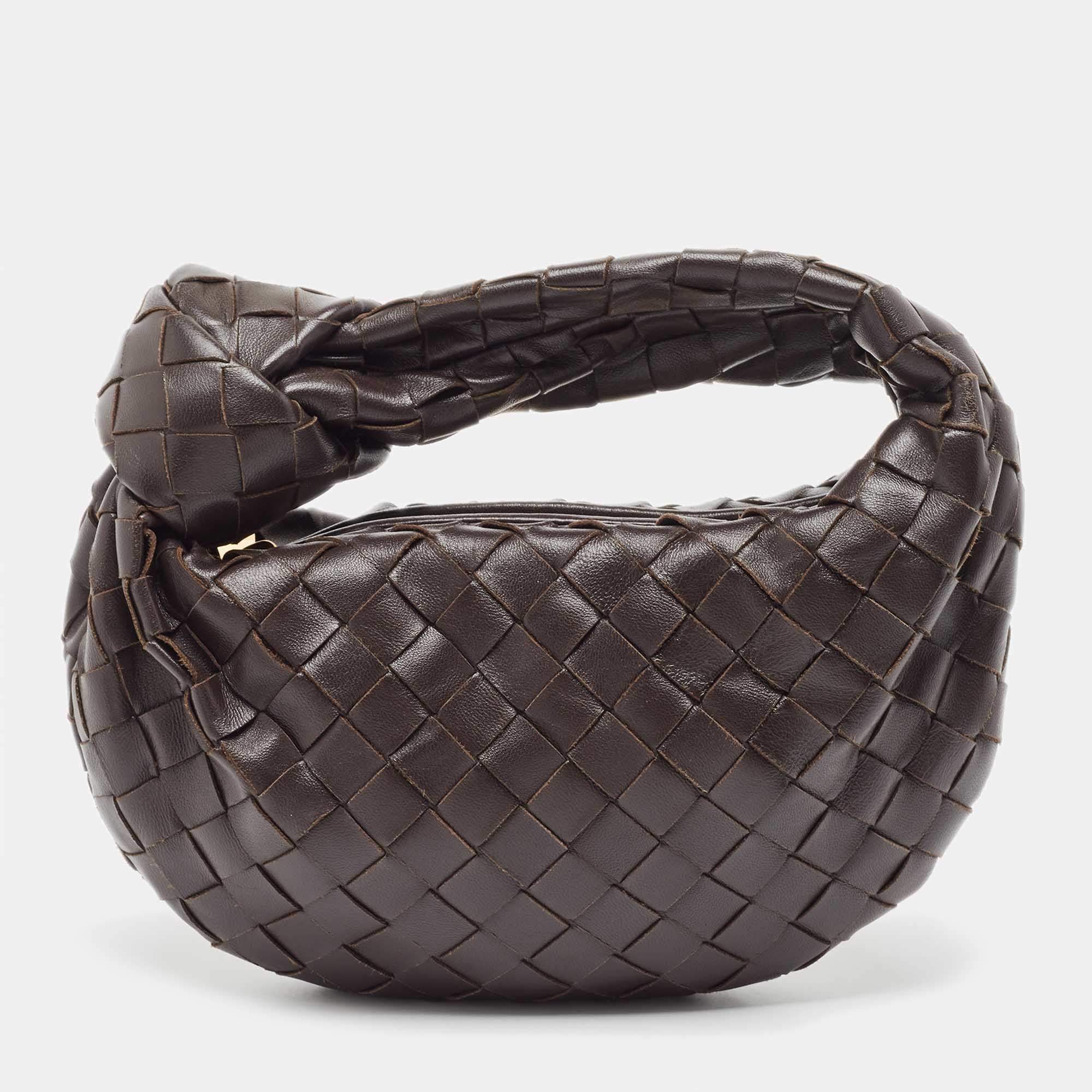 Bottega Veneta Dark Brown Leather Intrecciato Mini Jodie Top Handle Bag