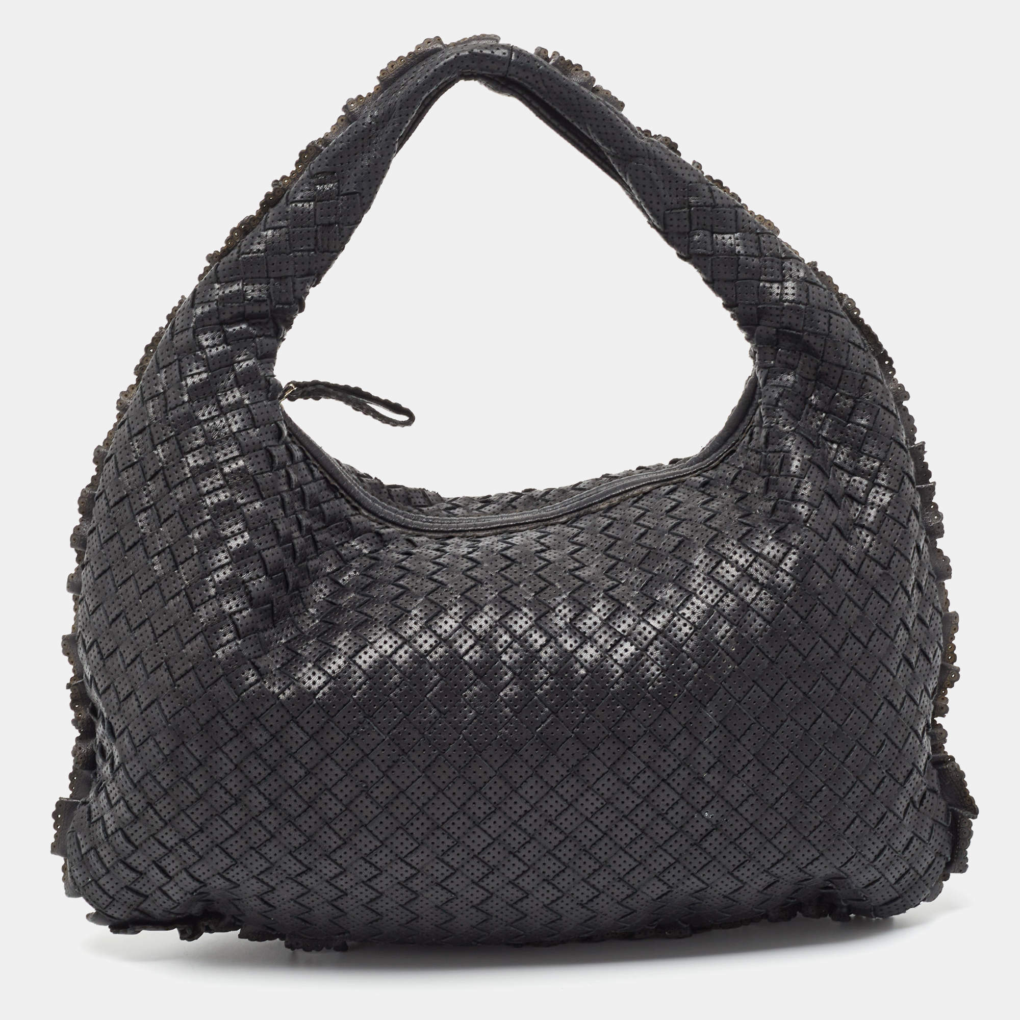 Pre Owned Bottega Veneta Black Intrecciato Perforated Leather Medium Veneta Hobo