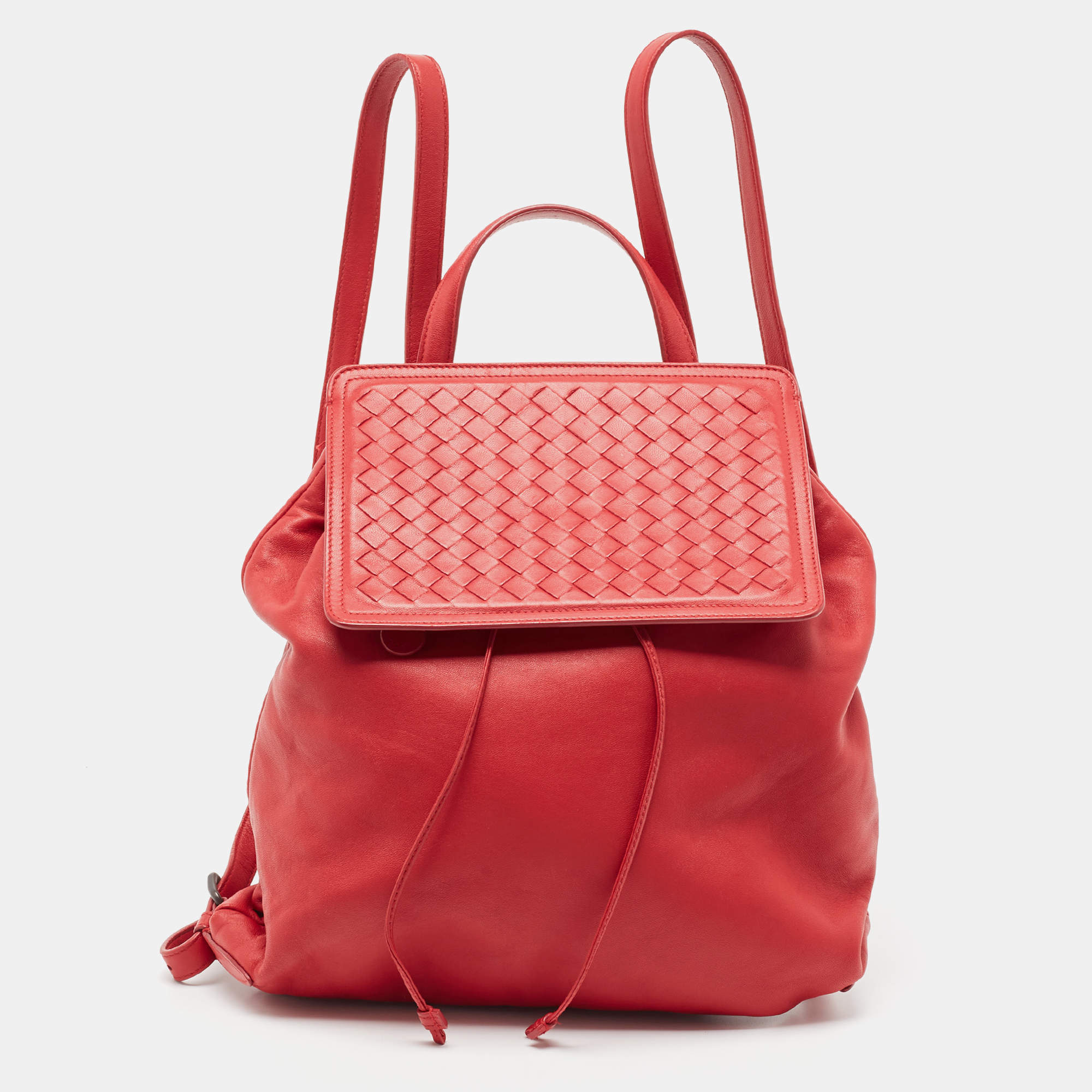Bottega Veneta Red Leather Intrecciato Flap Drawstring Backpack