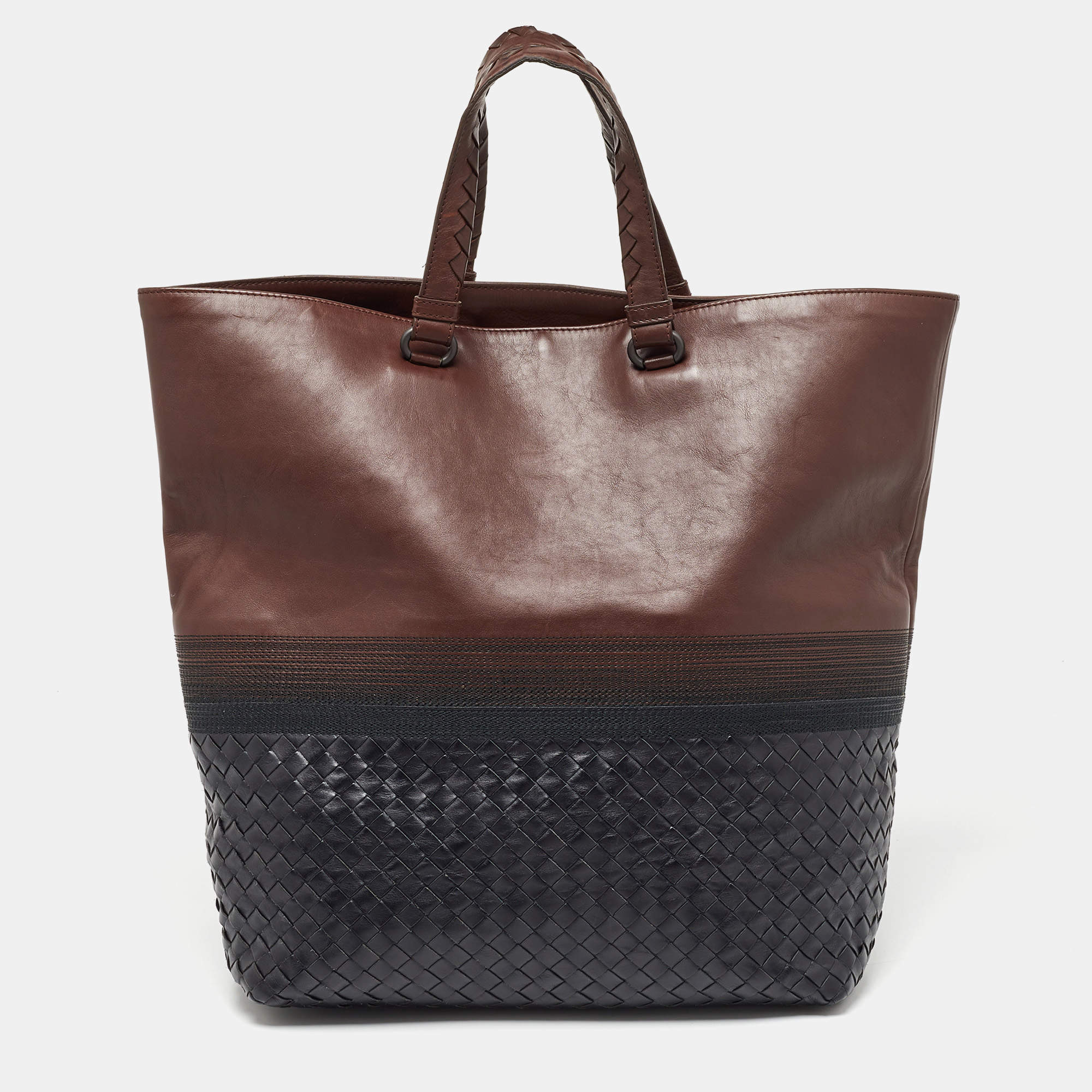 Pre Owned Bottega Veneta Brown/Black Intrecciato Leather Tote