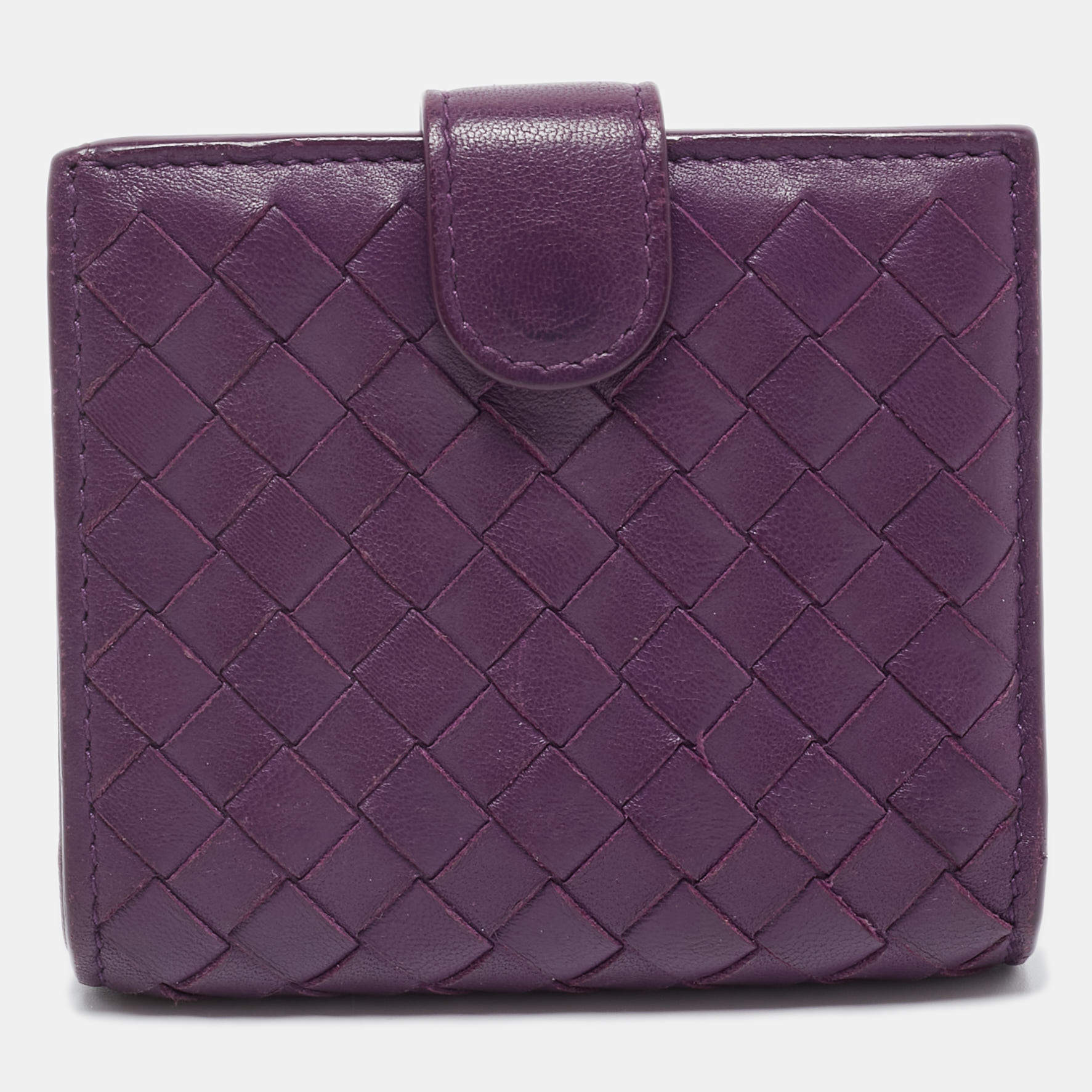 Pre Owned Bottega Veneta Purple Intrecciato Leather Compact Wallet