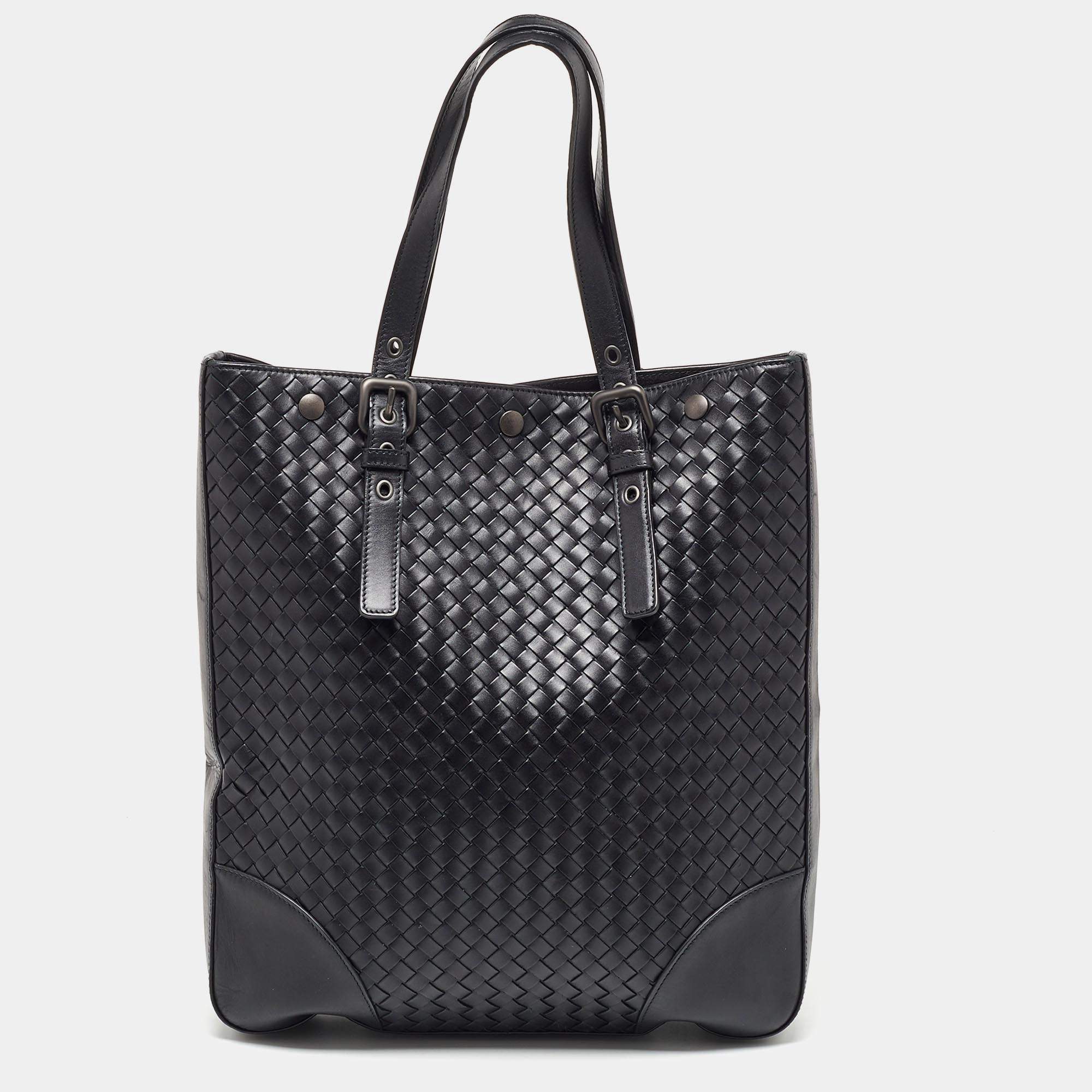Pre Owned Bottega Veneta Black Intrecciato Leather Shopper Tote
