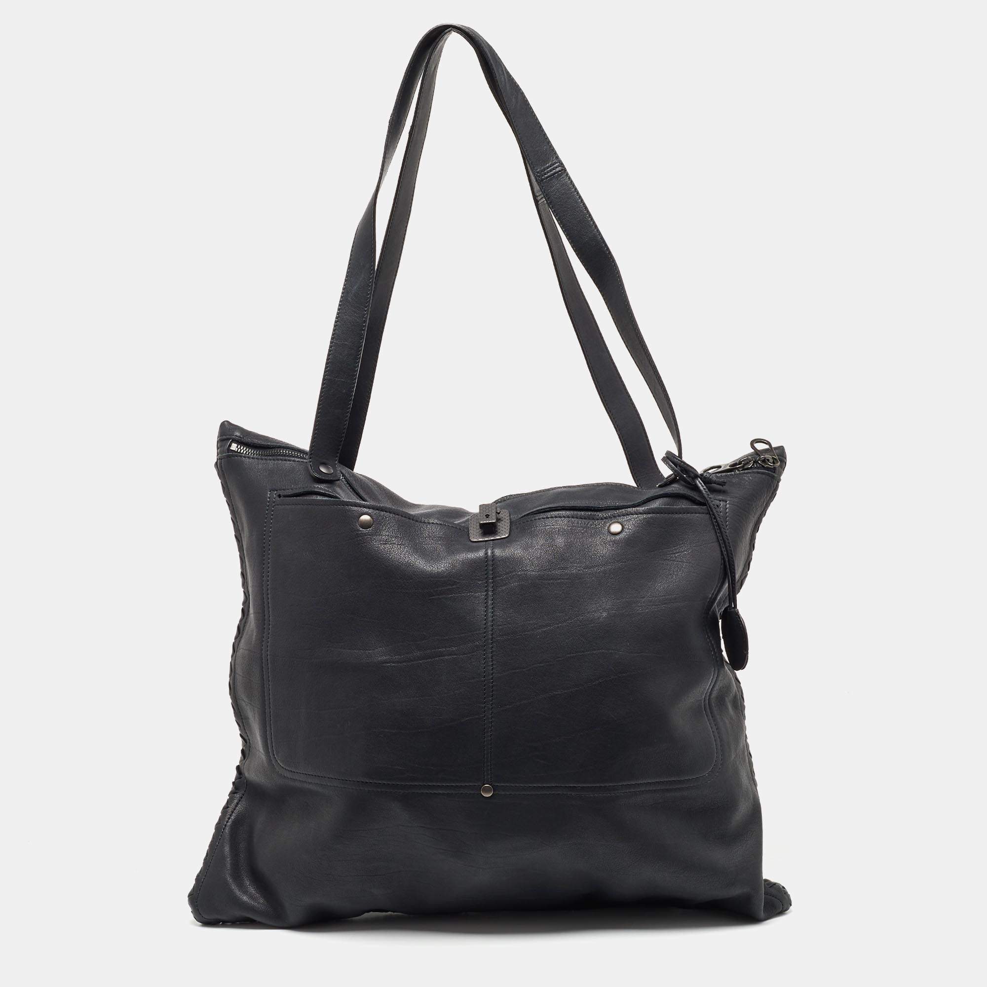 Pre Owned Bottega Veneta Black Leather Tote