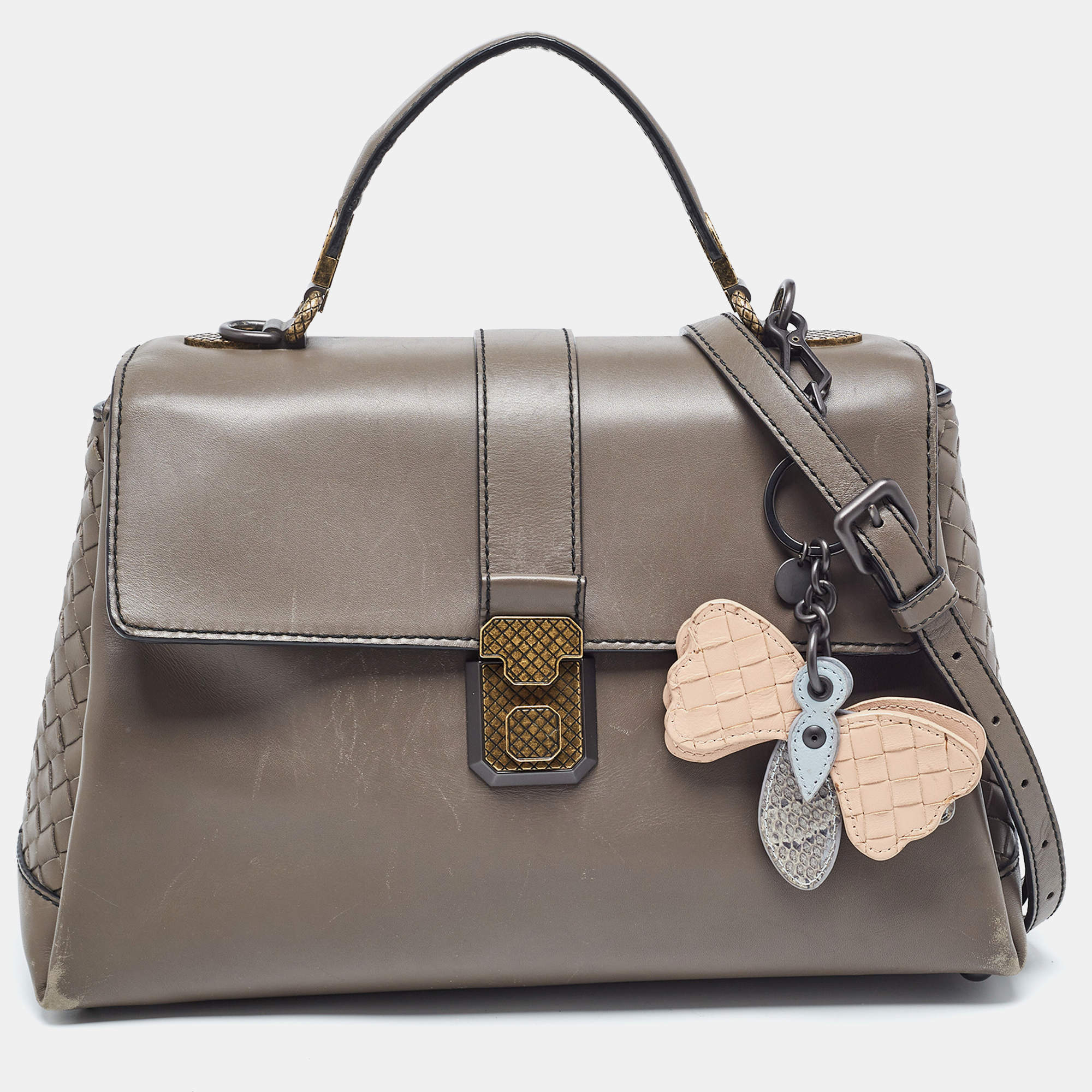 Pre Owned Bottega Veneta Dark Beige Leather Medium Piazza Top Handle Bag