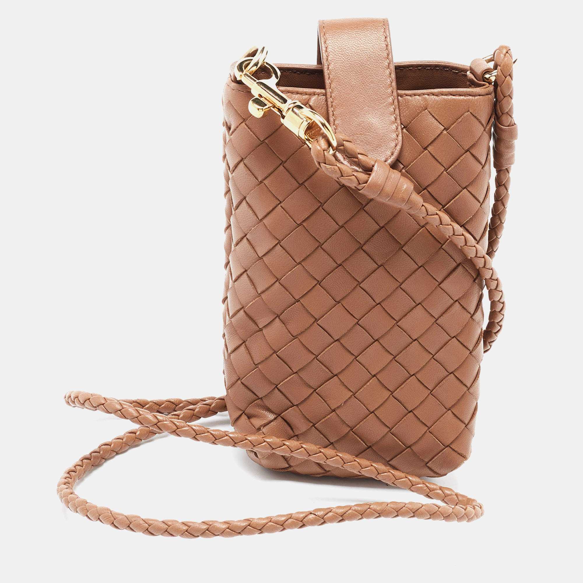 Pre Owned Bottega Veneta Brown Intrecciato Leather Phone Bag