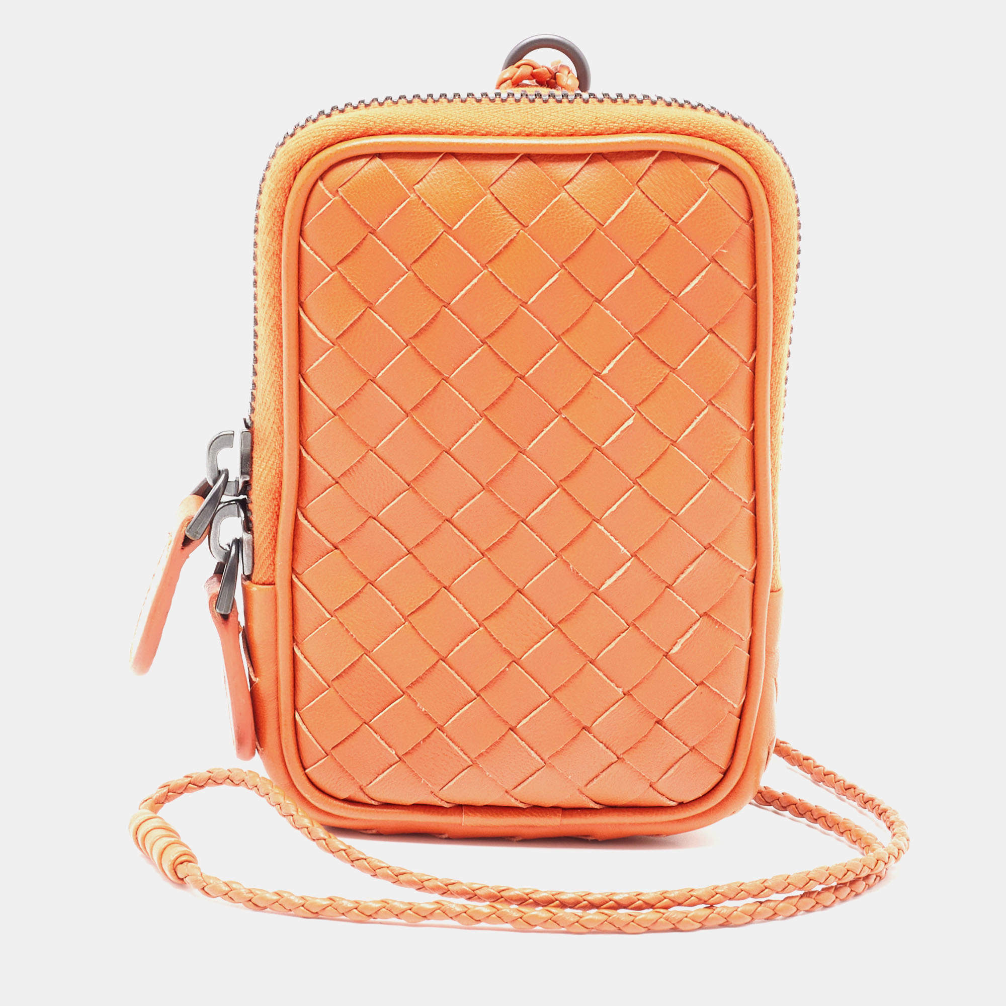 Pre Owned Bottega Veneta Orange Intrecciato Leather Zip Strap Pouch