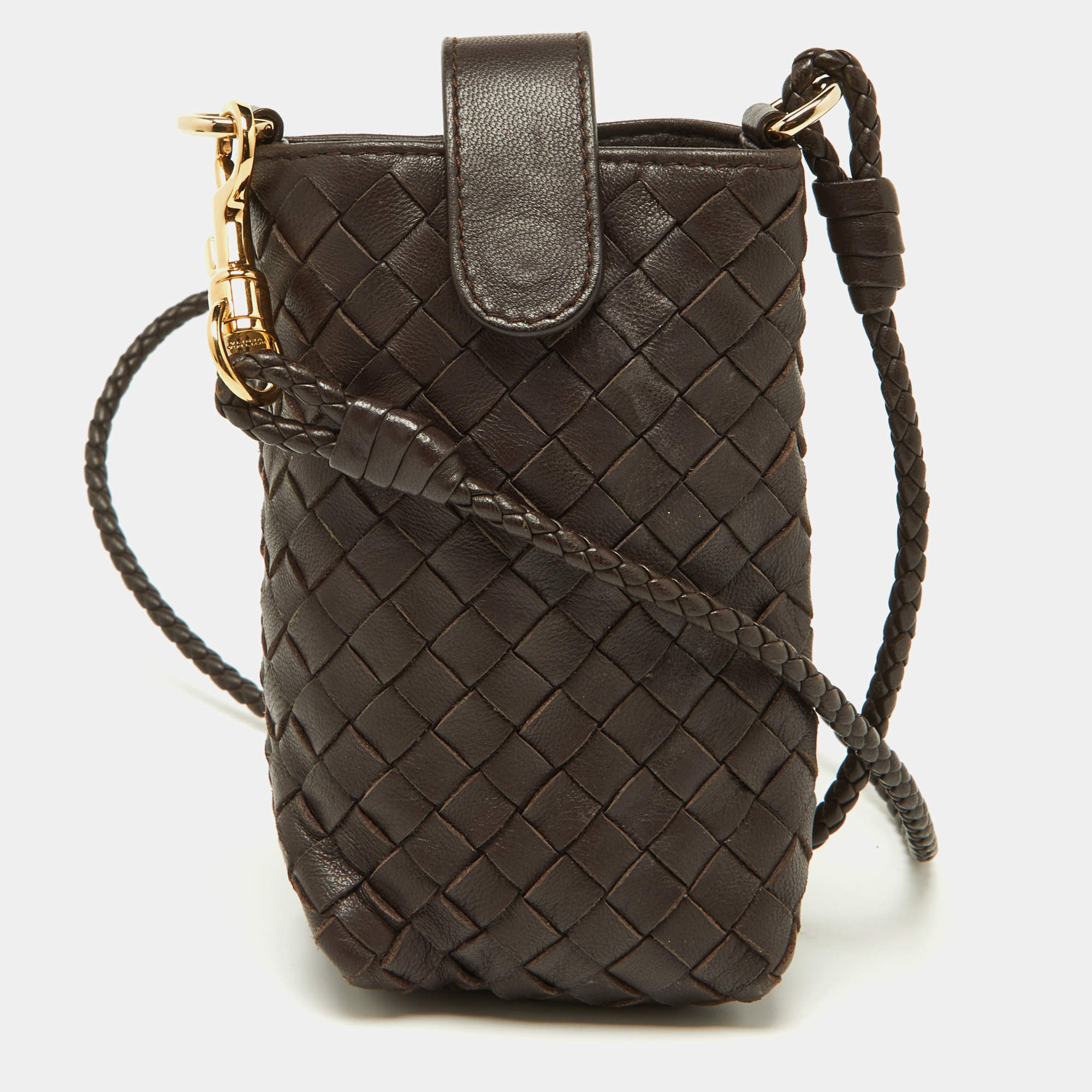 Pre Owned Bottega Veneta Brown Intrecciato Leather Phone Bag