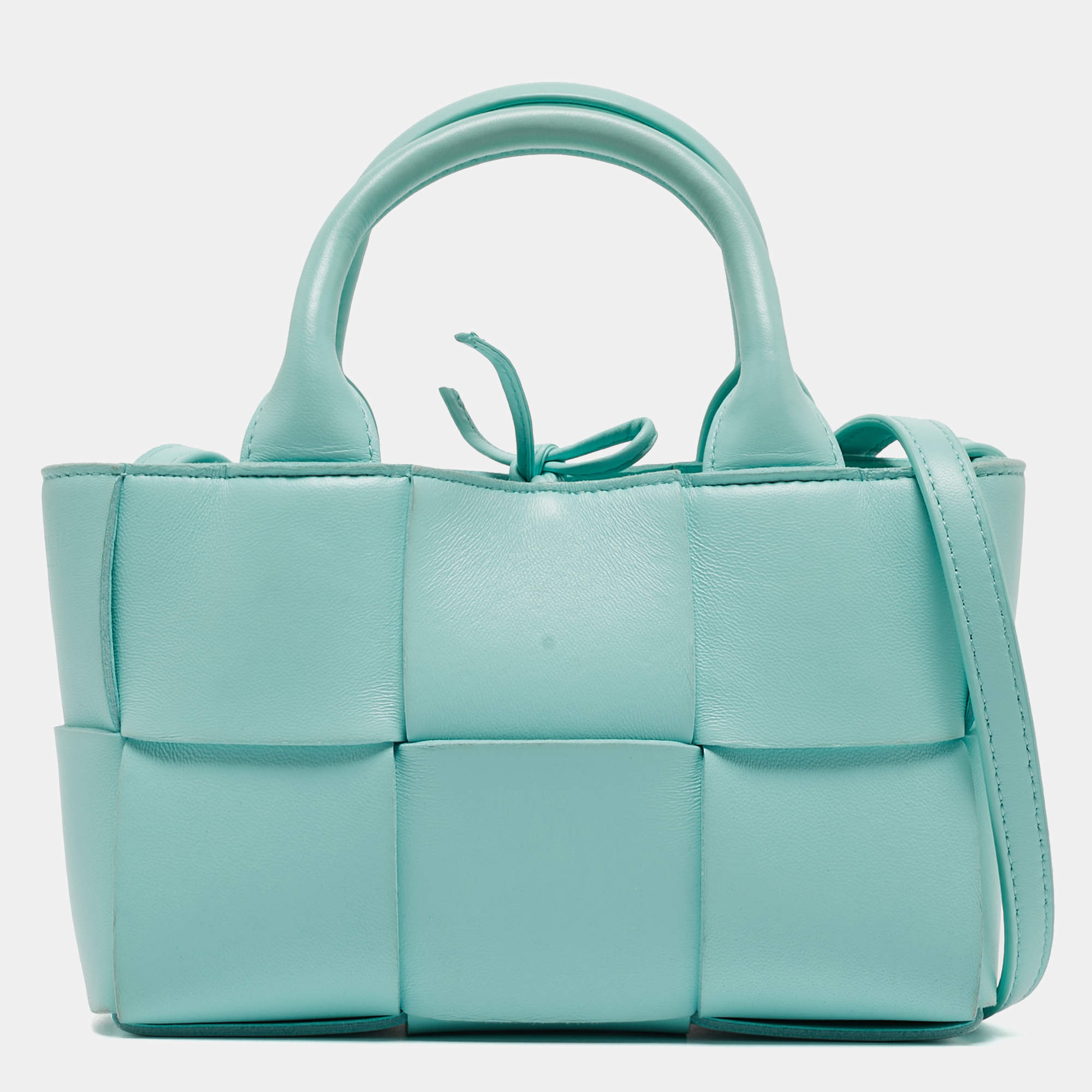 Pre Owned Bottega Veneta Aqua Green Intrecciato Leather Candy Arco Tote