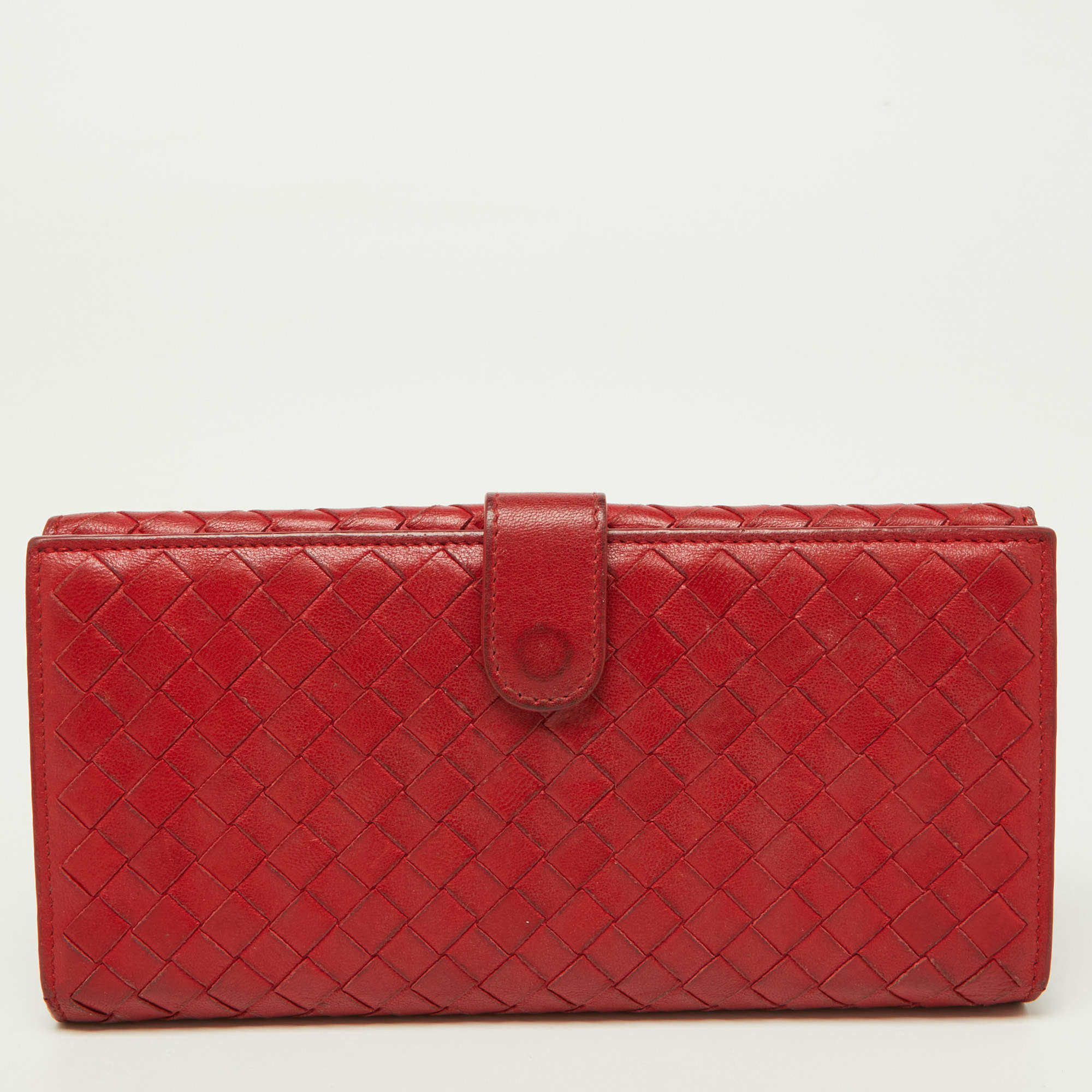Pre Owned Bottega Veneta Red Intrecciato Leather Flap Continental Wallet