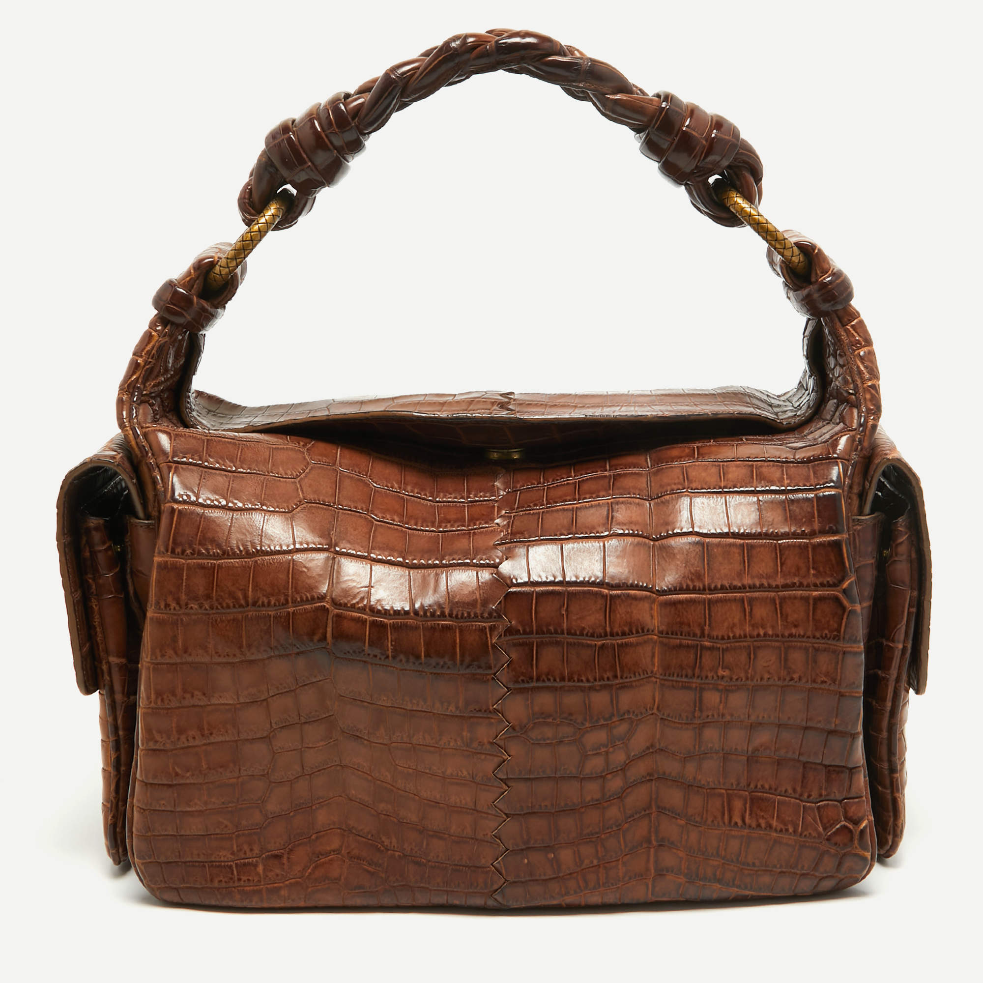 Pre Owned Bottega Veneta Brown Crocodile Side Pockets Satchel