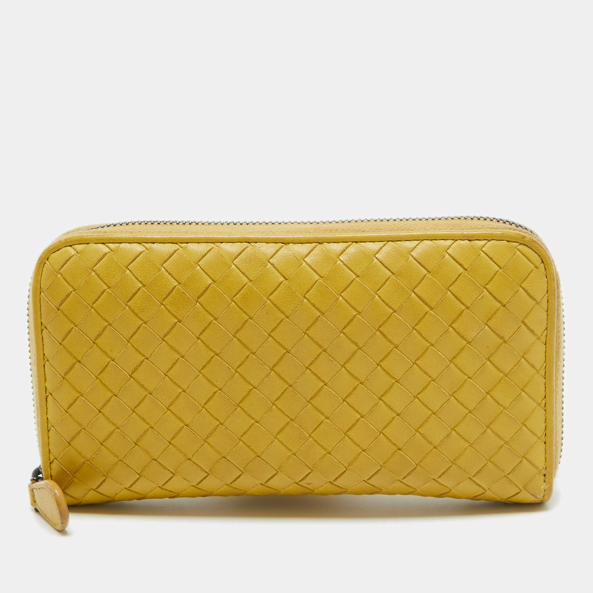 Pre Owned Bottega Veneta Yellow Intrecciato Leather Zip Around Wallet