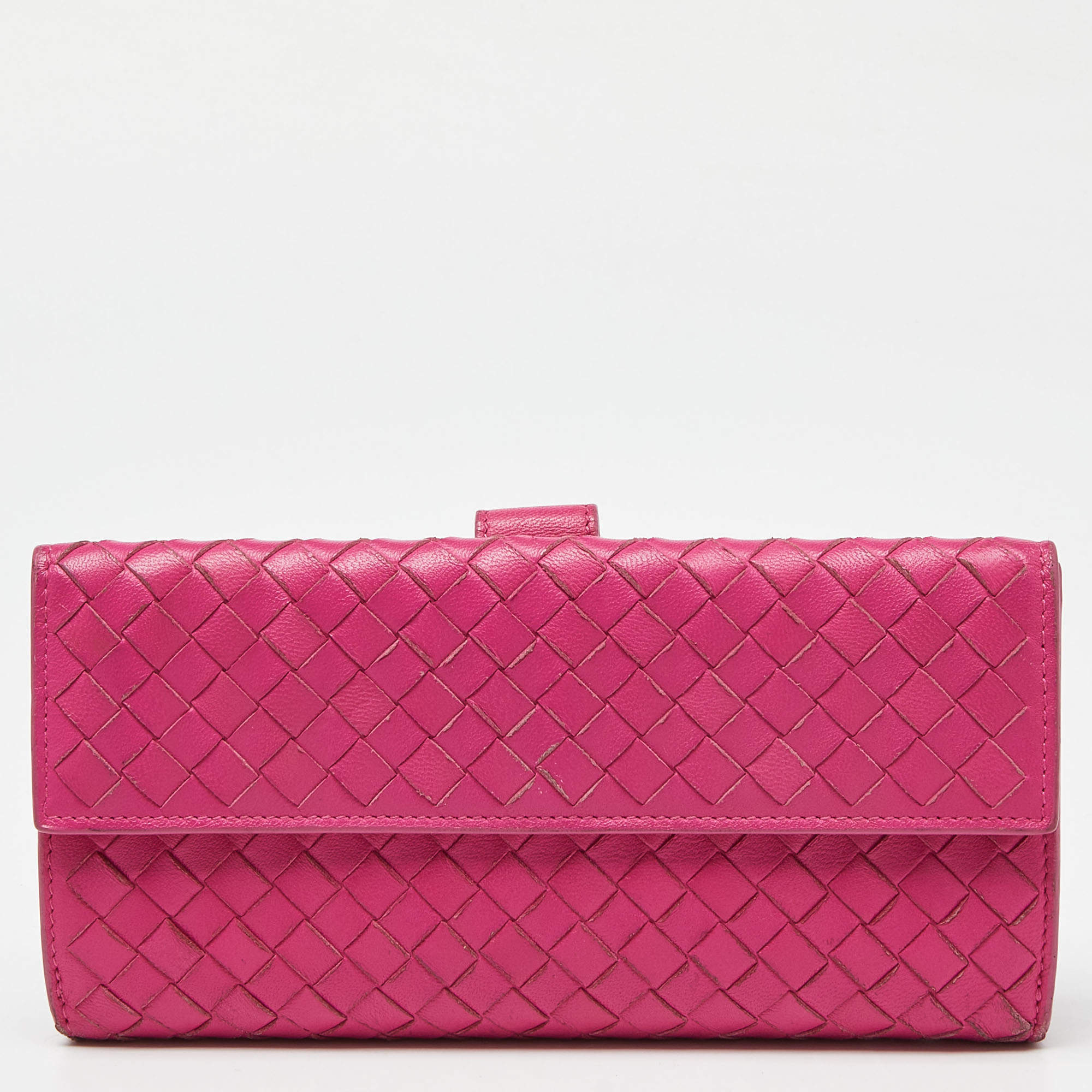 Pre Owned Bottega Veneta Pink Intrecciato Leather Flap Continental Wallet