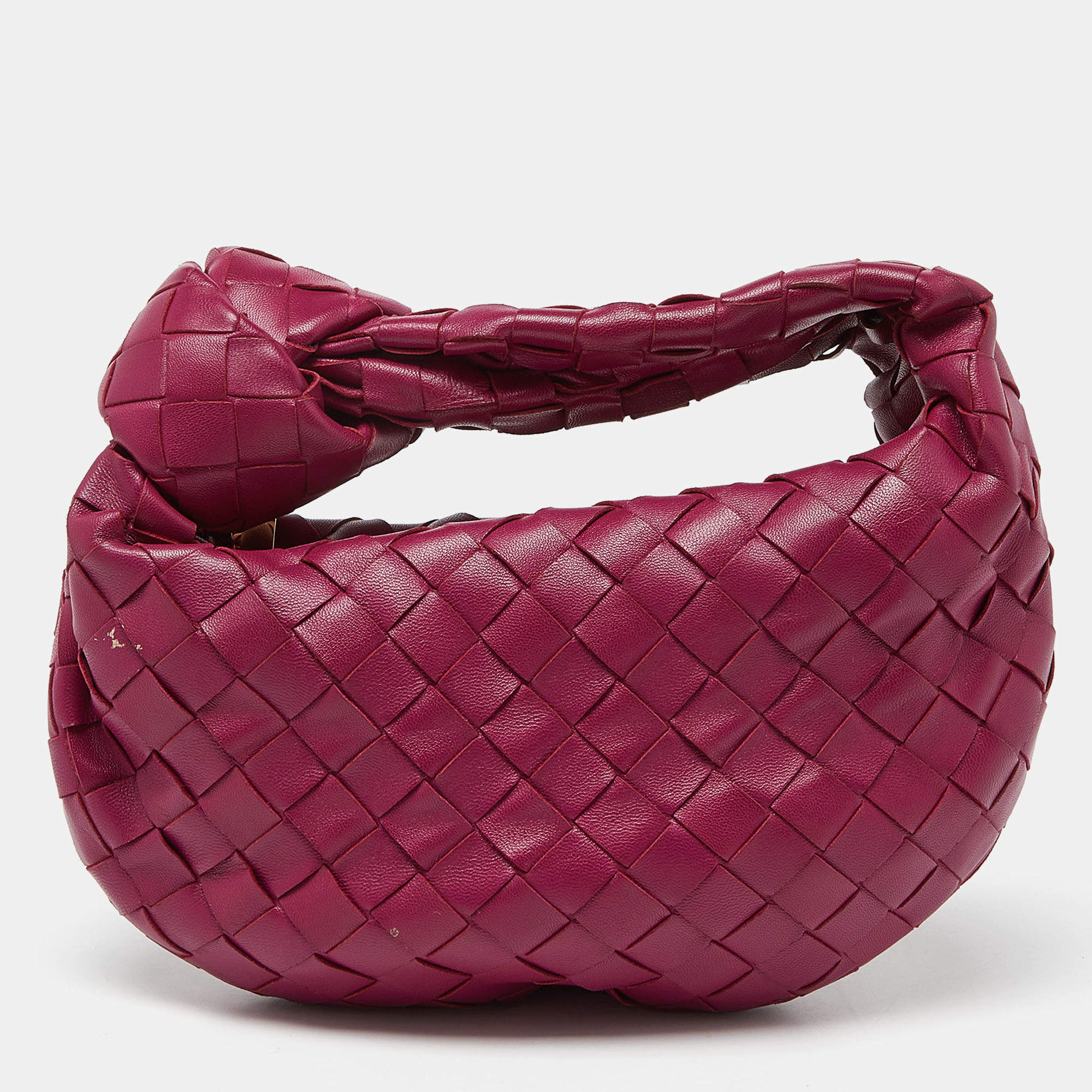 Pre Owned Bottega Veneta Magenta Intrecciato Leather Mini Jodie Hobo
