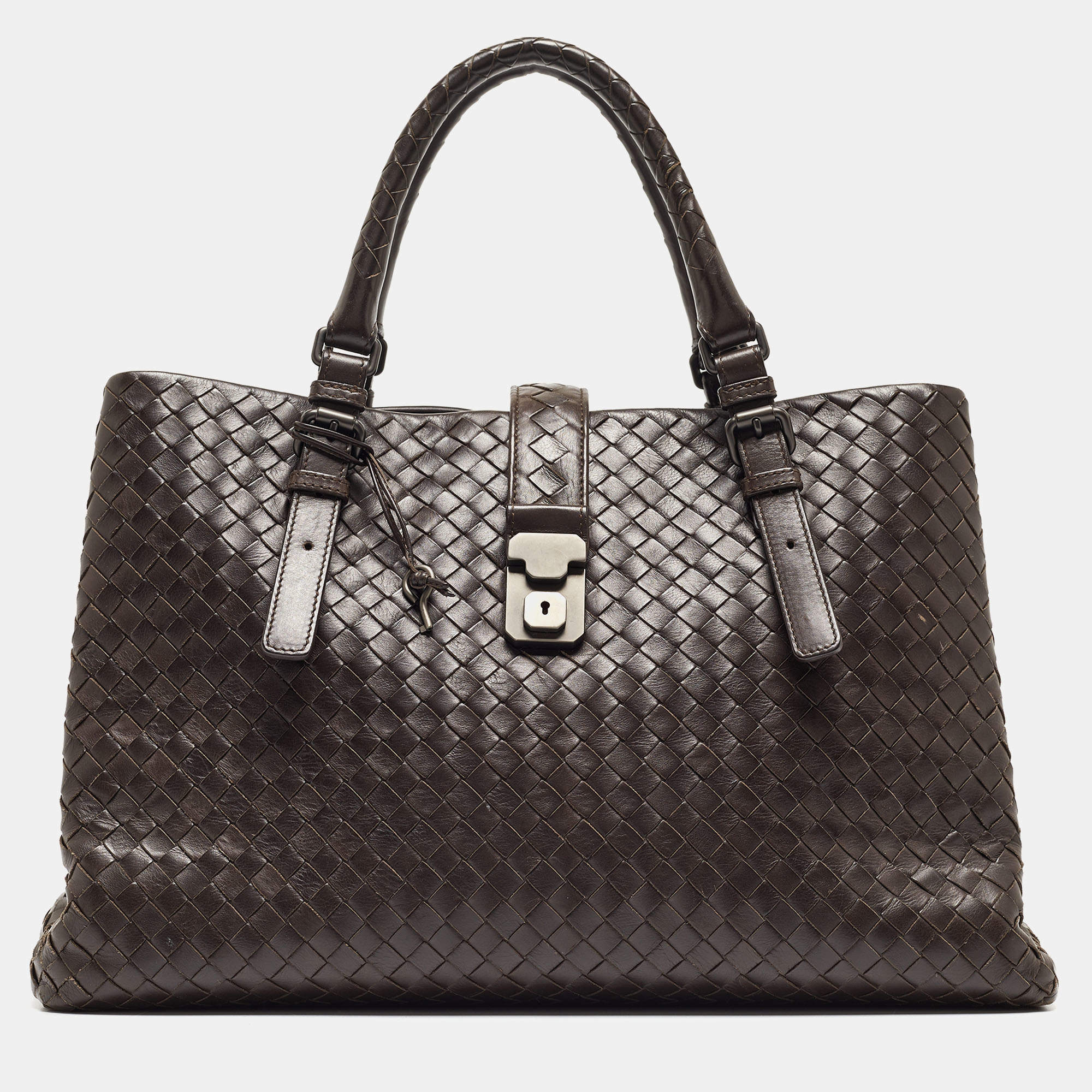 Pre Owned Bottega Veneta Choco Brown Intrecciato Leather Medium Roma Tote