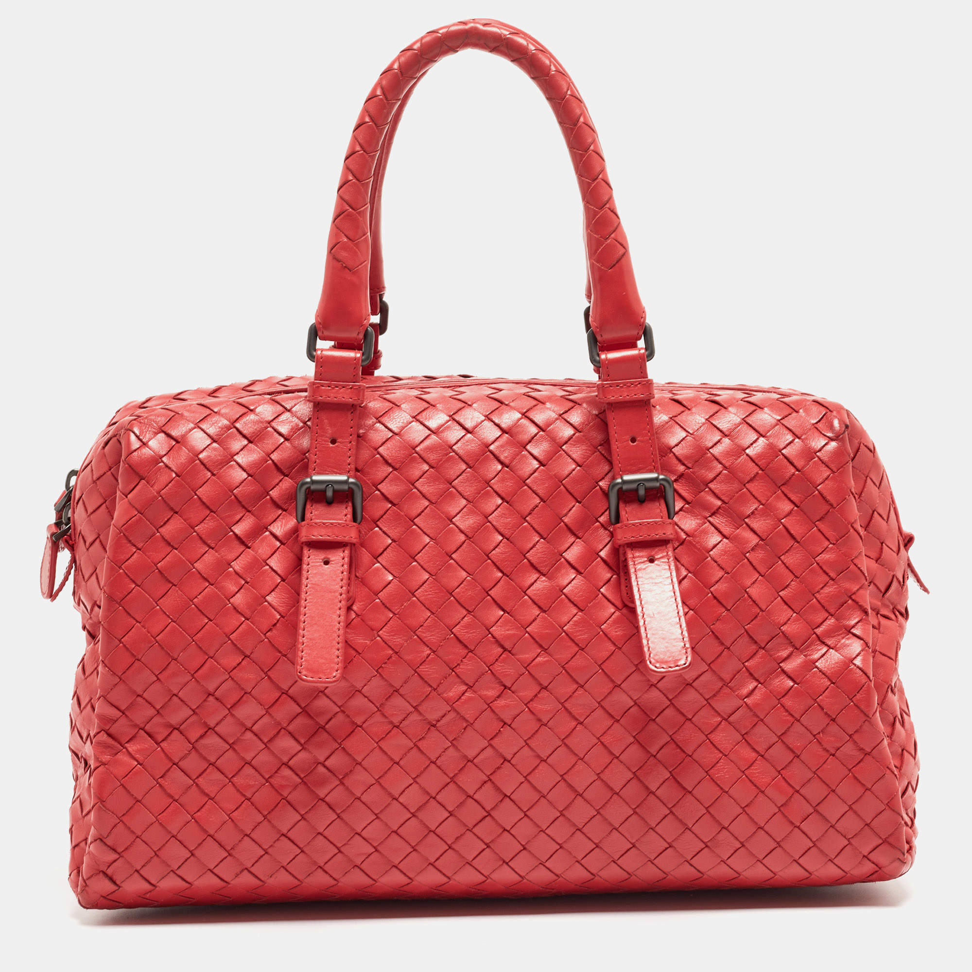 Pre Owned Bottega Veneta Red Intrecciato Leather New Boston Bag