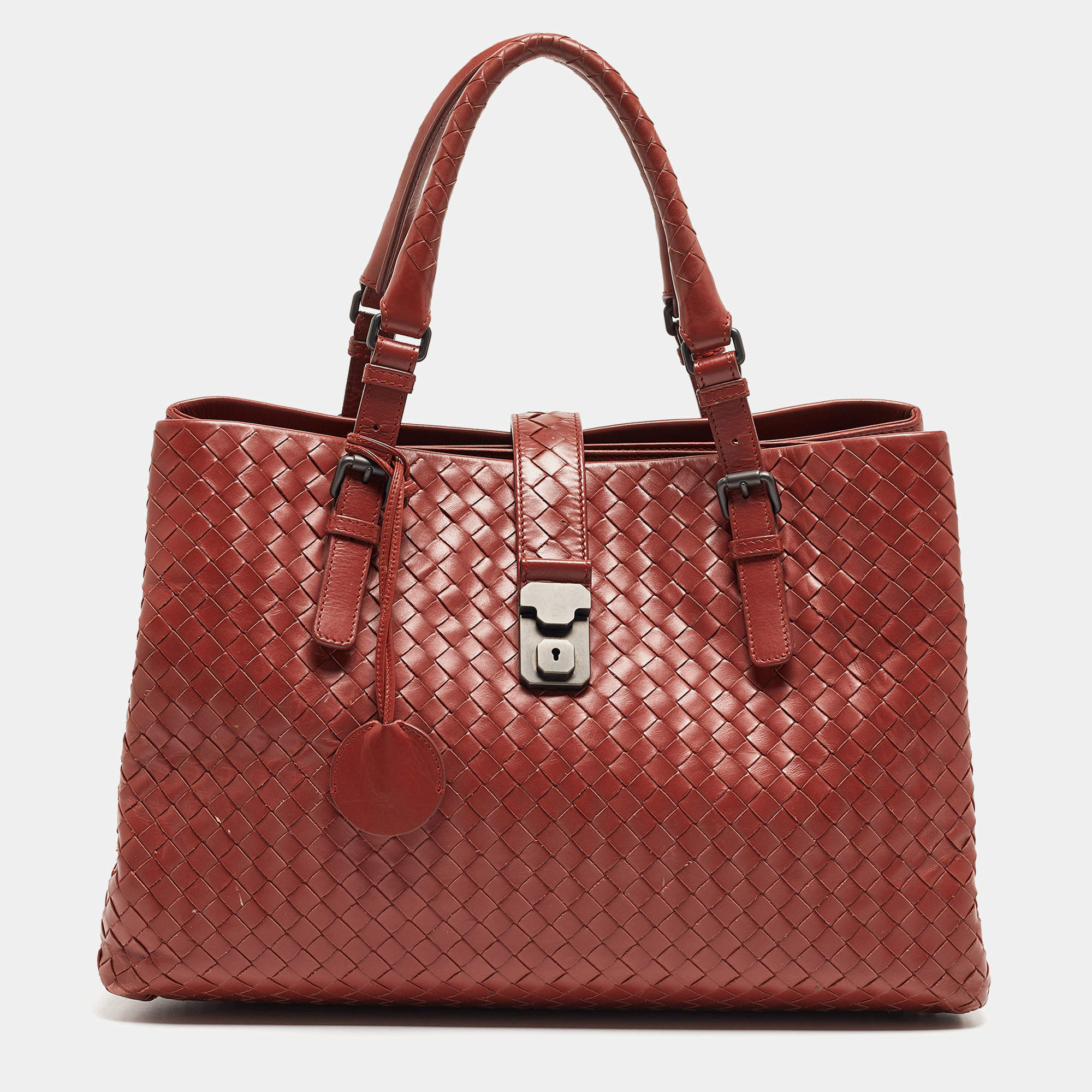 Bottega Veneta  Maroon Intrecciato Leather Medium Roma Tote