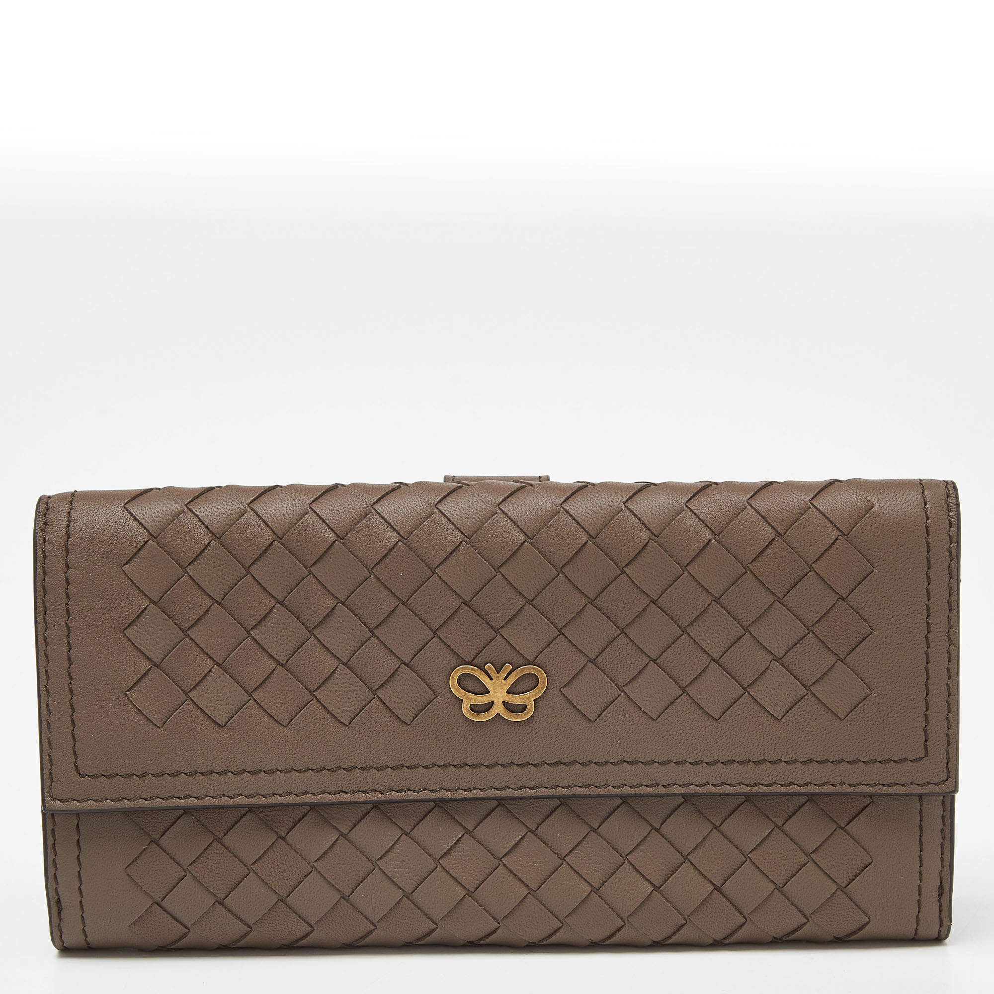 Pre Owned Bottega Veneta Beige Intrecciato Leather Flap Continental Wallet