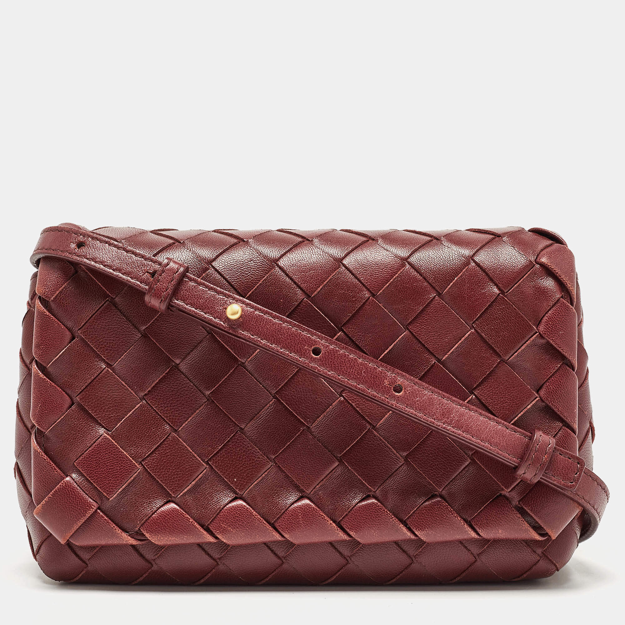 Pre Owned Bottega Veneta Burgundy Intrecciato Leather Flap Crossbody Bag