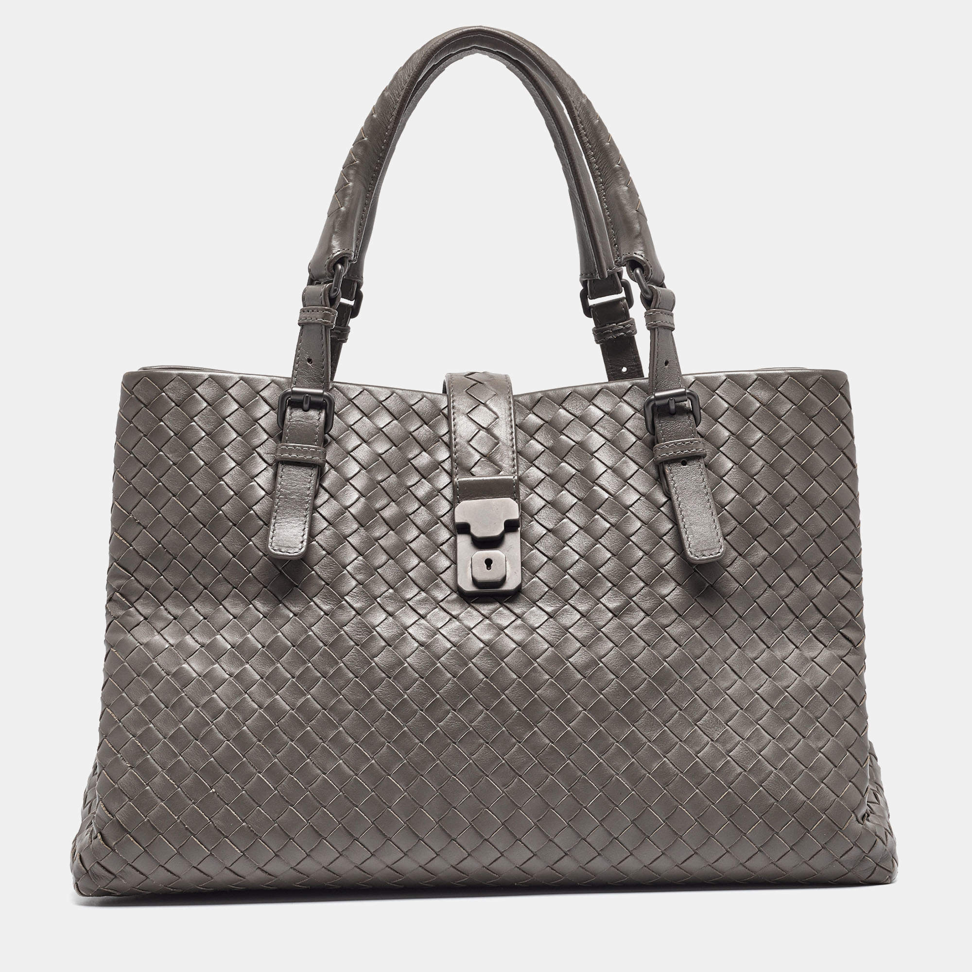 Pre Owned Bottega Veneta Grey Intrecciato Leather Medium Roma Tote
