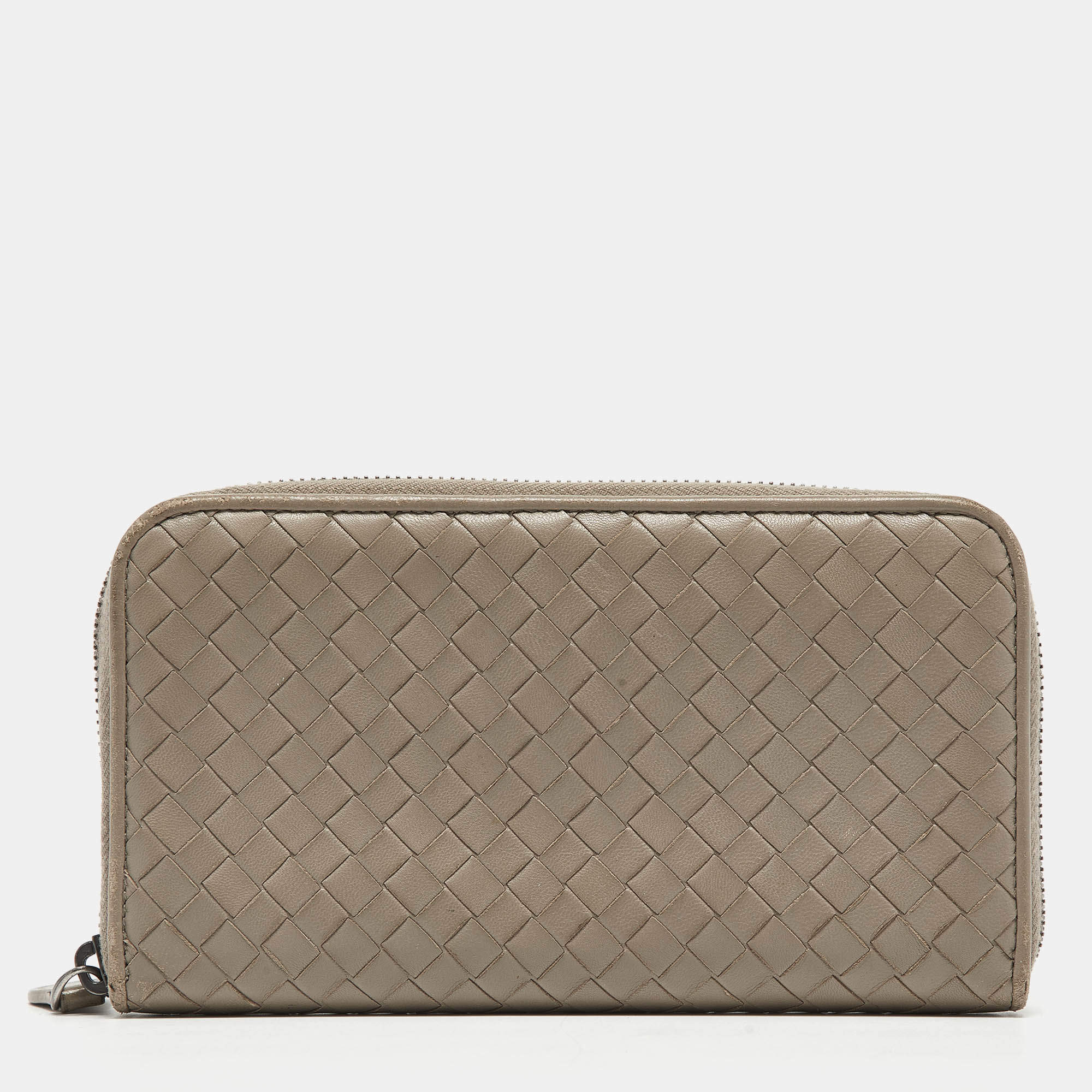 Pre Owned Bottega Veneta Grey Intrecciato Leather Zip Around Wallet