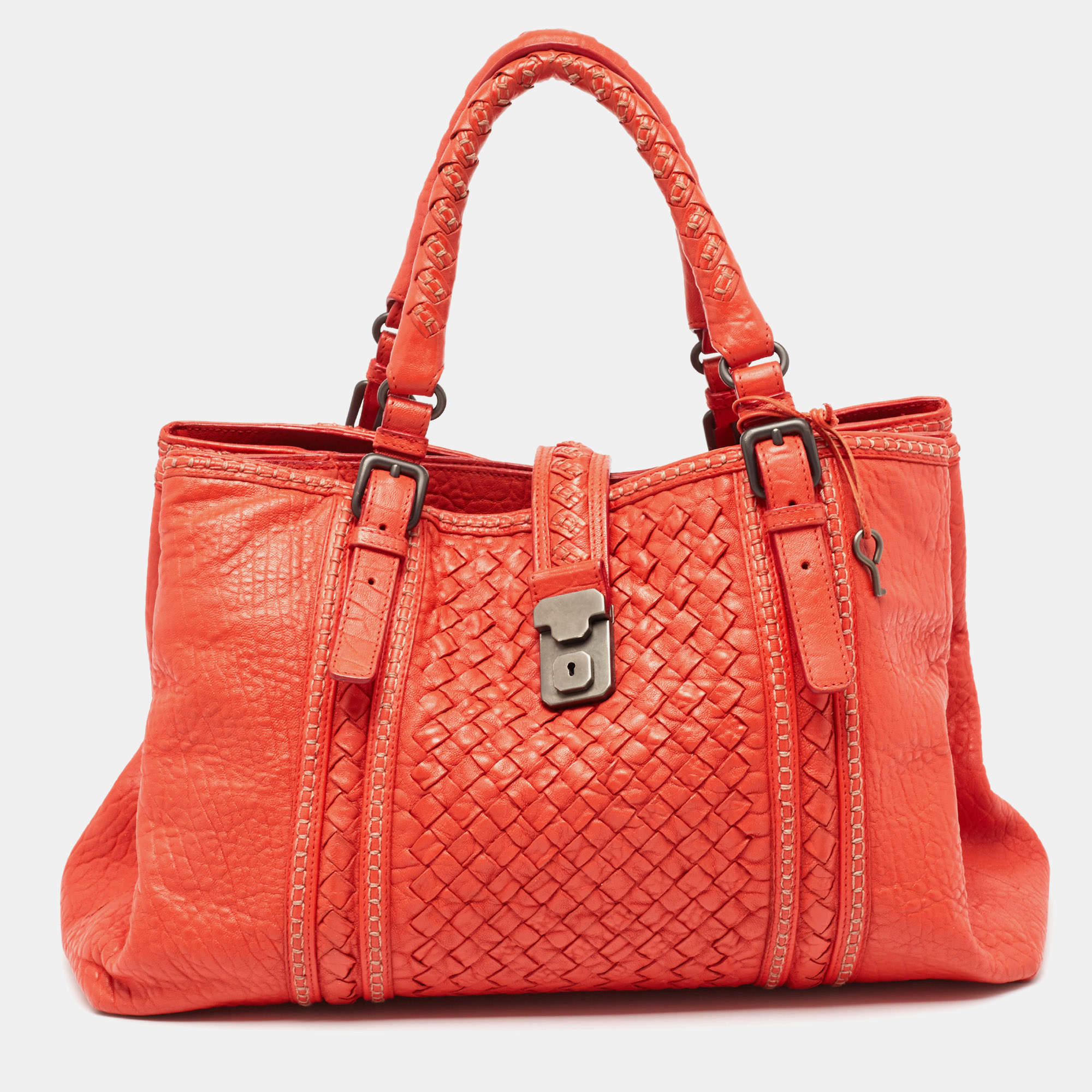 Pre Owned Bottega Veneta Red Intrecciato Leather Large Roma Stitch Tote