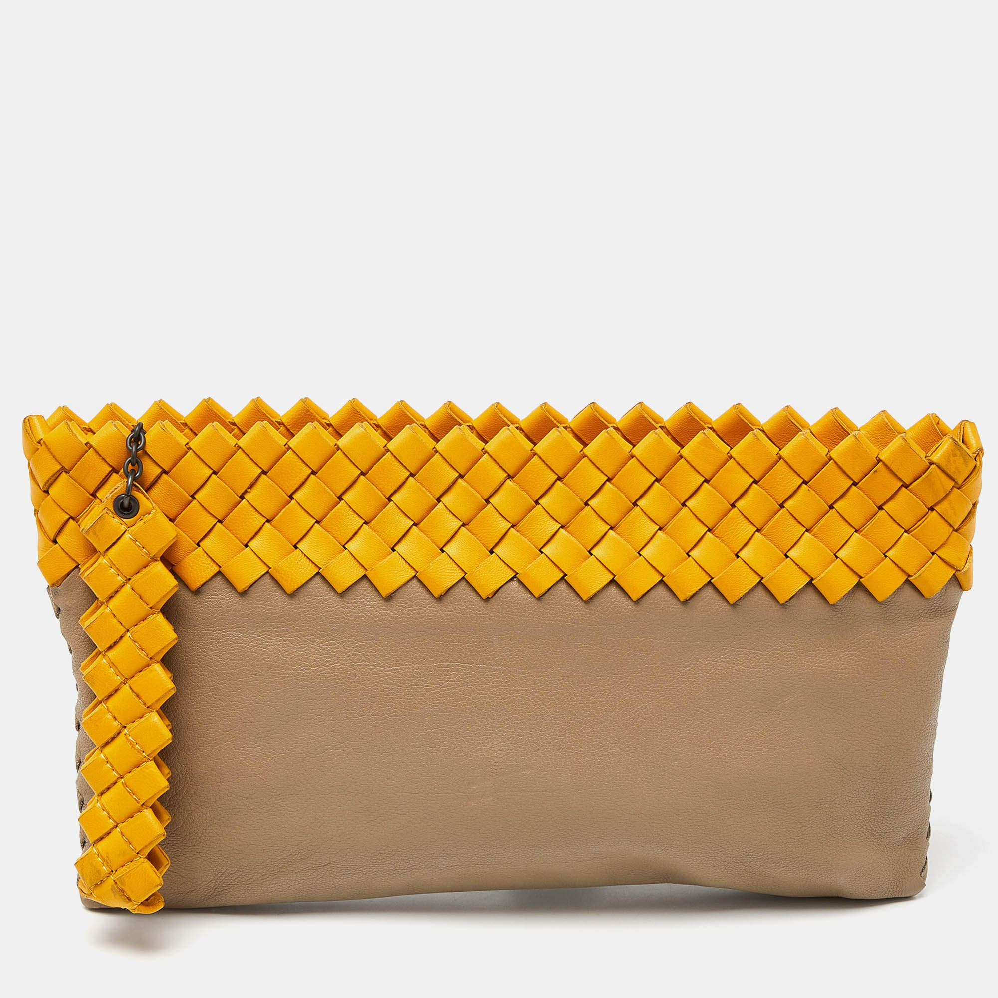 Pre Owned Bottega Veneta Beige/Yellow Leather Wristlet Clutch