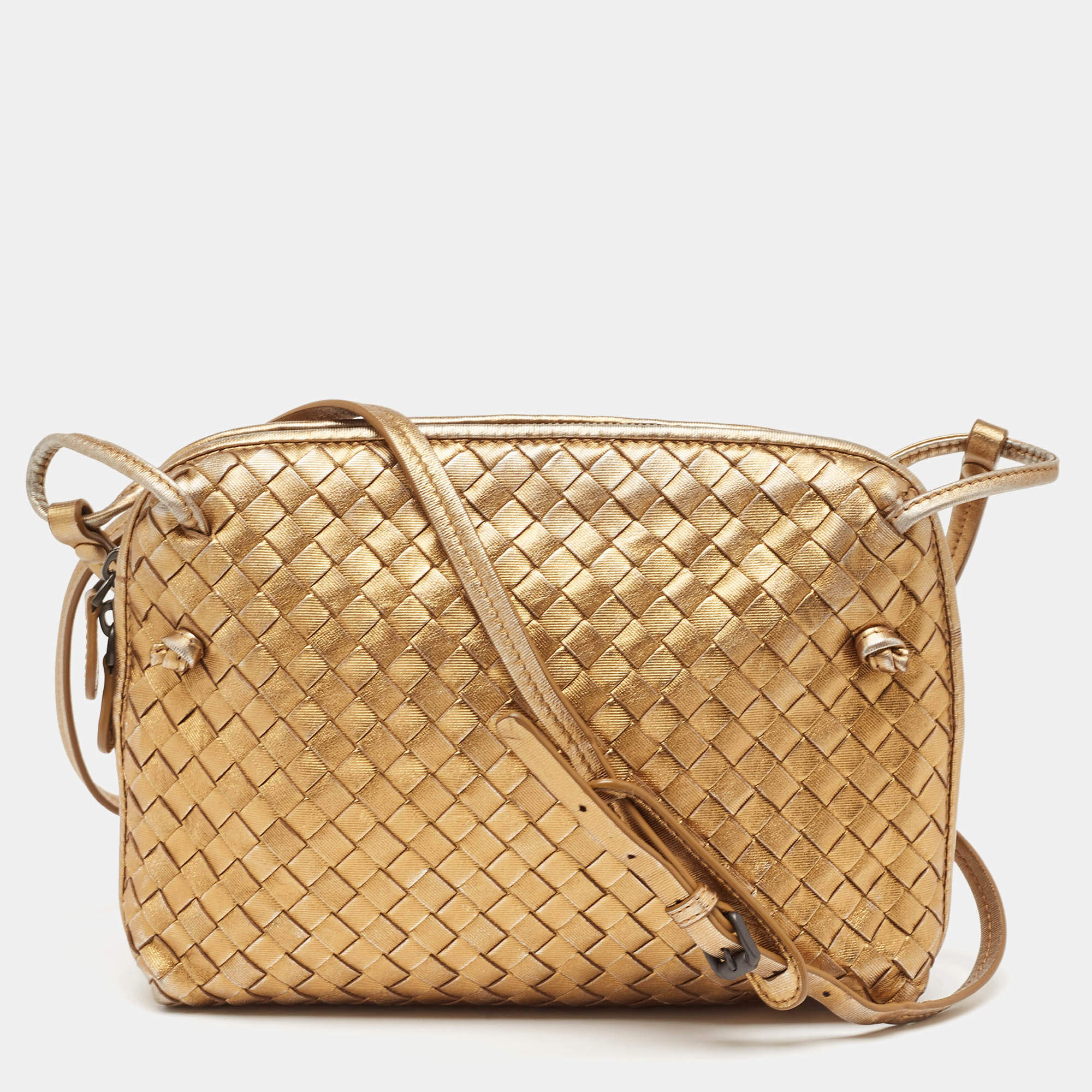 Pre Owned Bottega Veneta Gold Intrecciato Leather Nodini Crossbody Bag