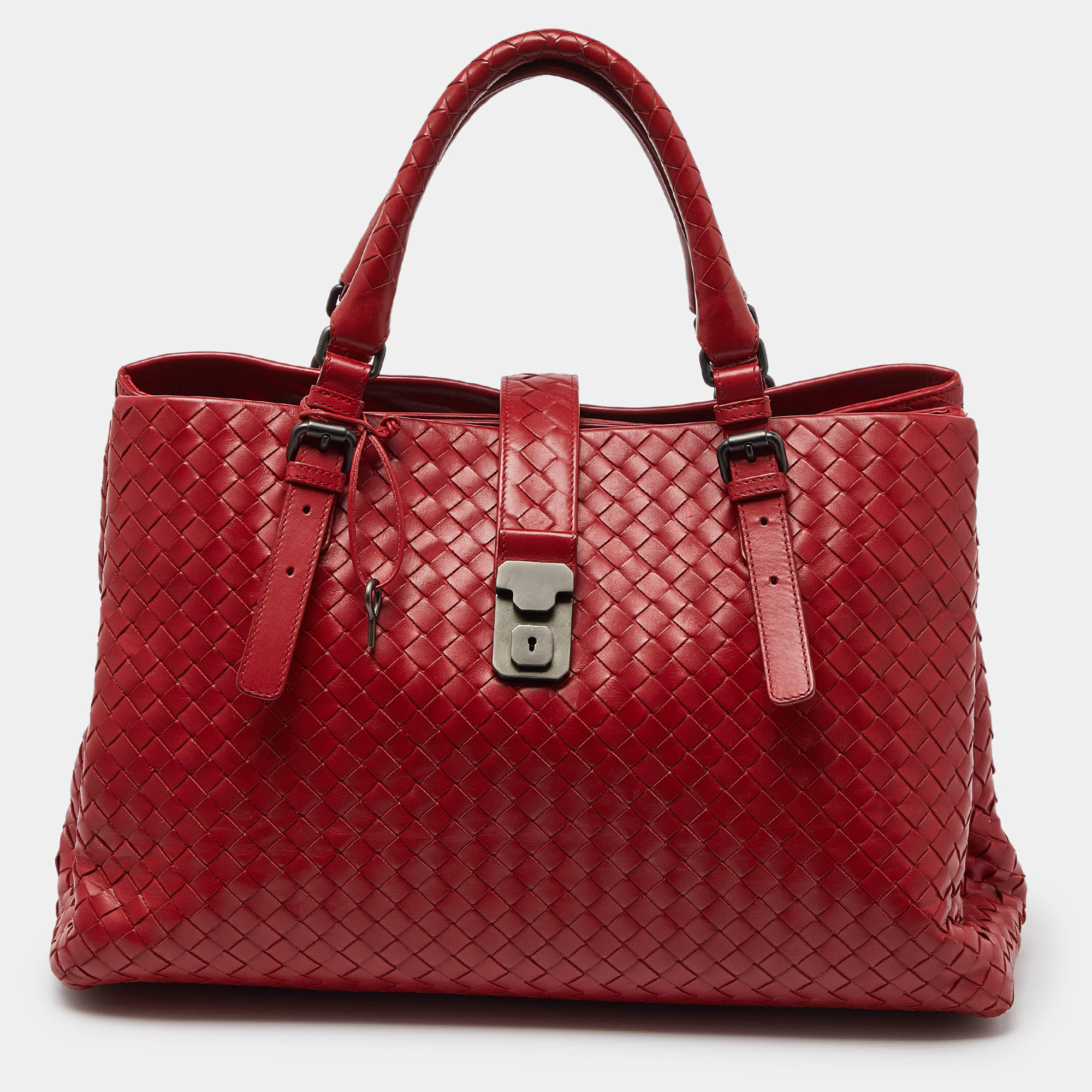 Pre Owned Bottega Veneta Red Intrecciato Leather Medium Roma Tote
