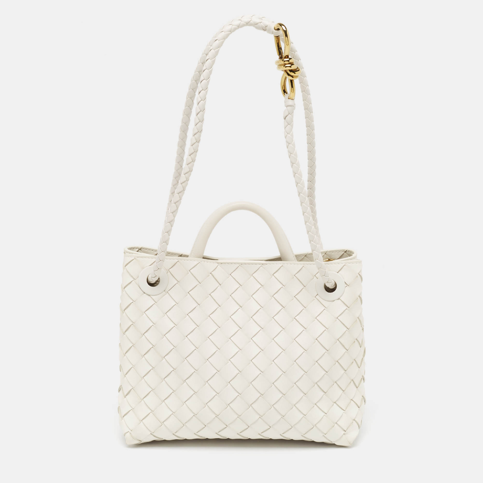 Pre Owned Bottega Veneta White Intrecciato Leather Small Andiamo Tote