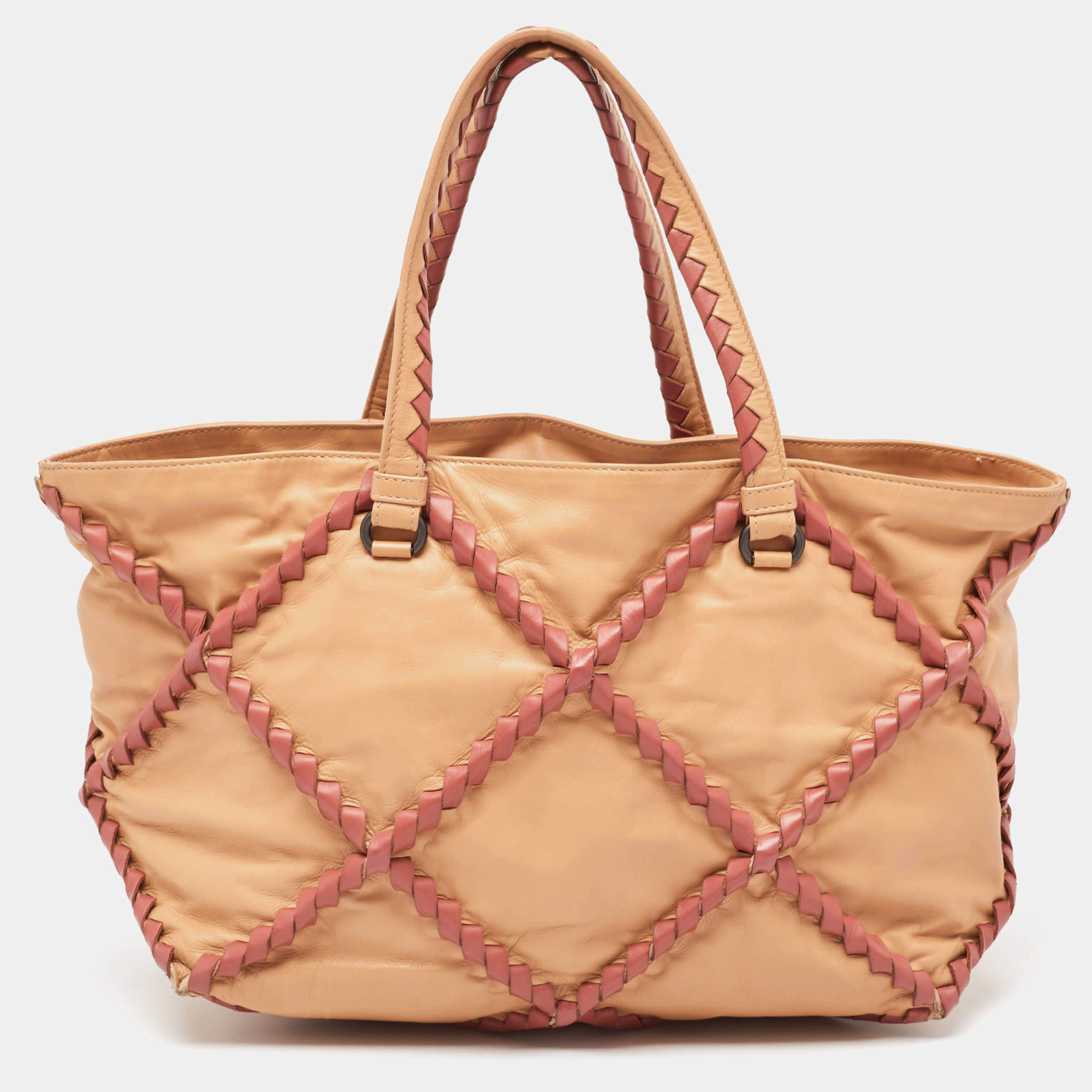 Pre Owned Bottega Veneta Beige/Burgundy Quilted Leather Shopper Tote
