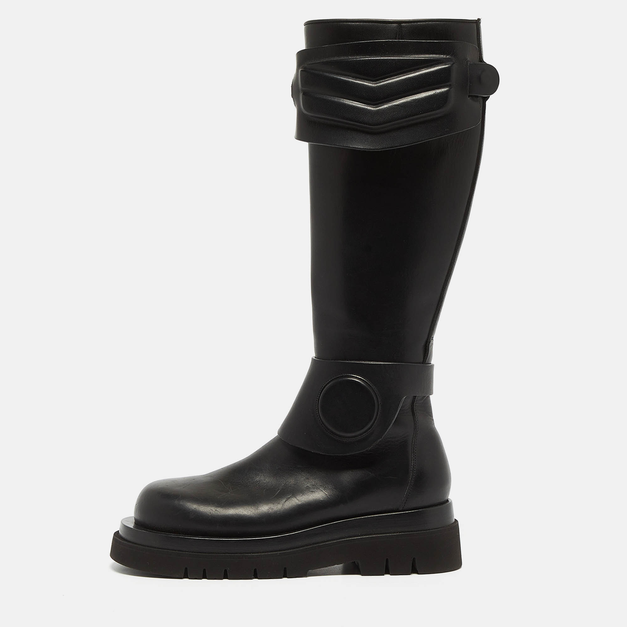 Pre Owned Bottega Veneta Black Leather Platform Knee Length Boots Size 37 