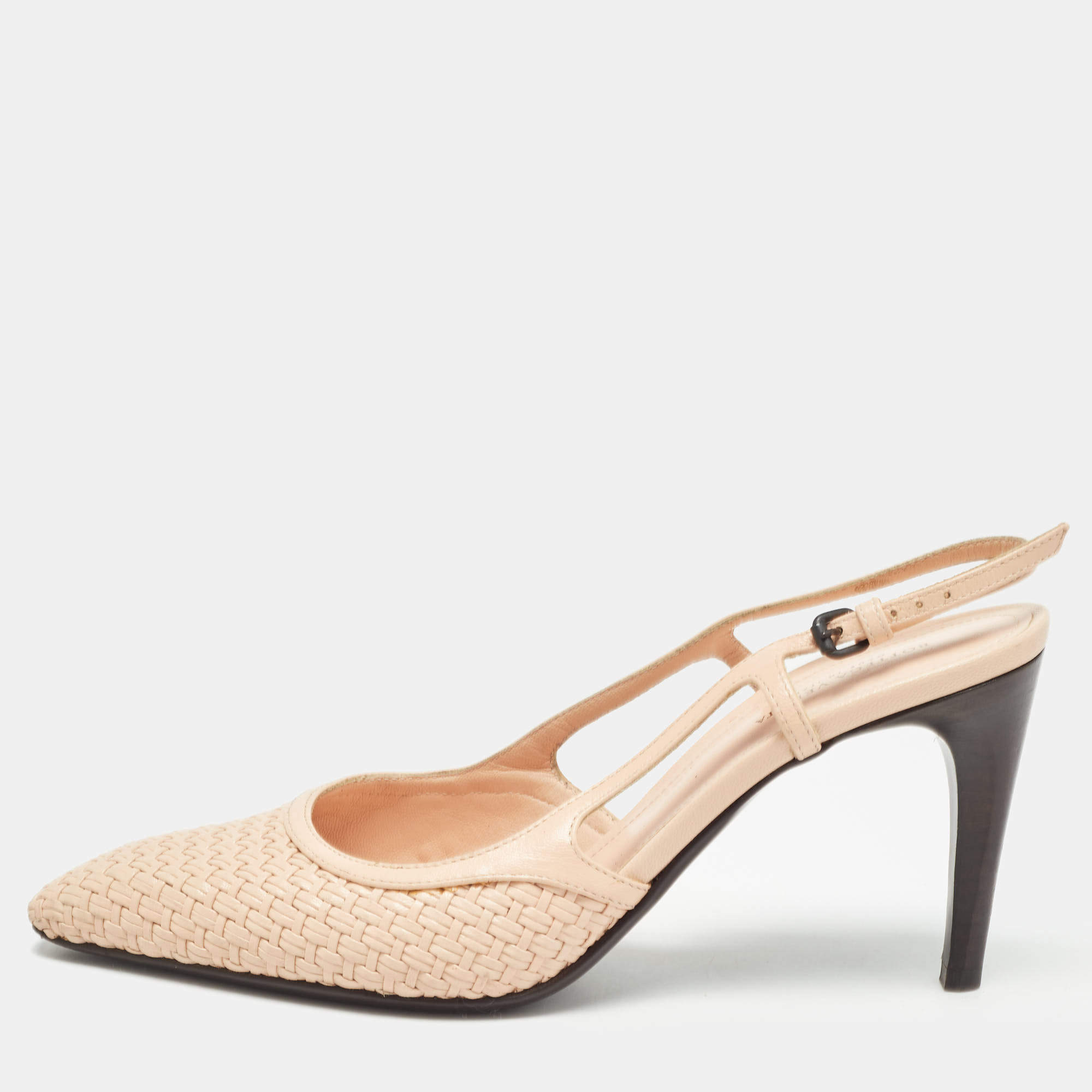 Pre Owned Bottega Veneta Beige Woven Leather Wicker Slingback Pumps Size 38