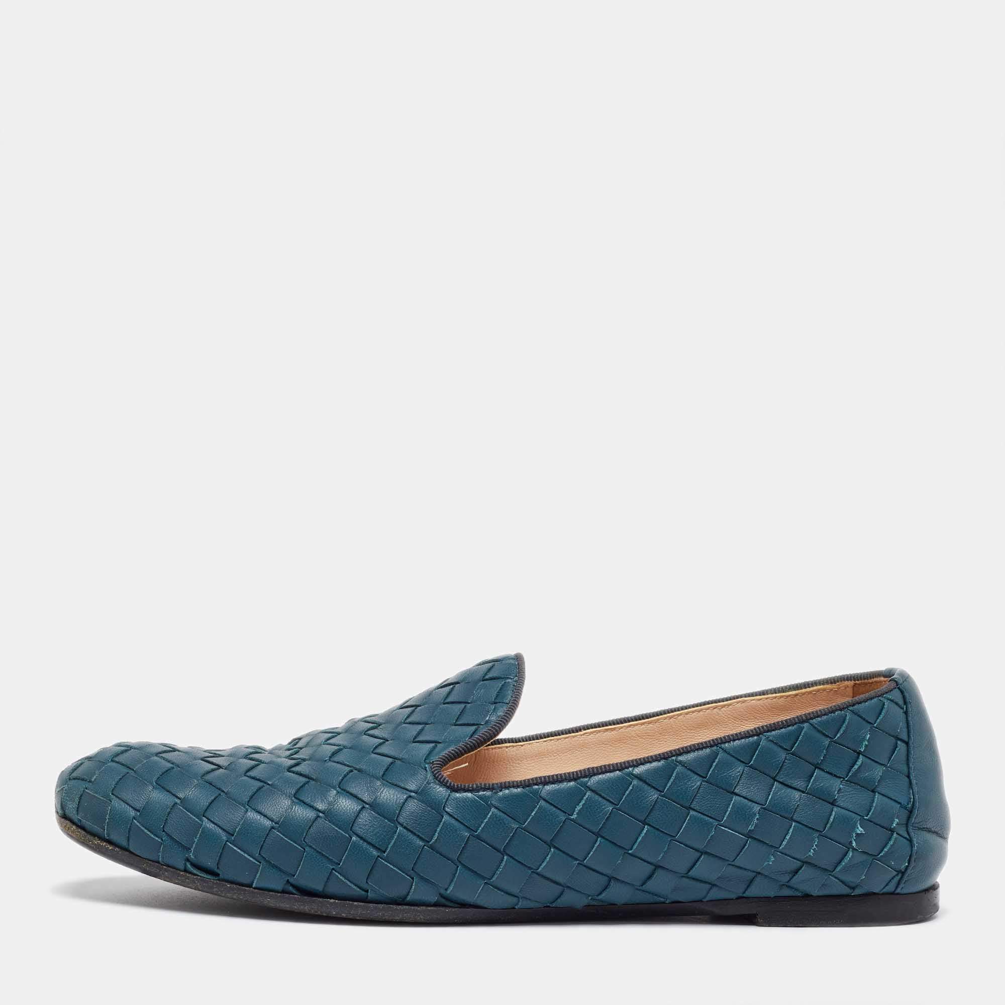 Pre Owned Bottega Veneta Turquoise Blue Intrecciato Leather Smoking Slippers Size 36