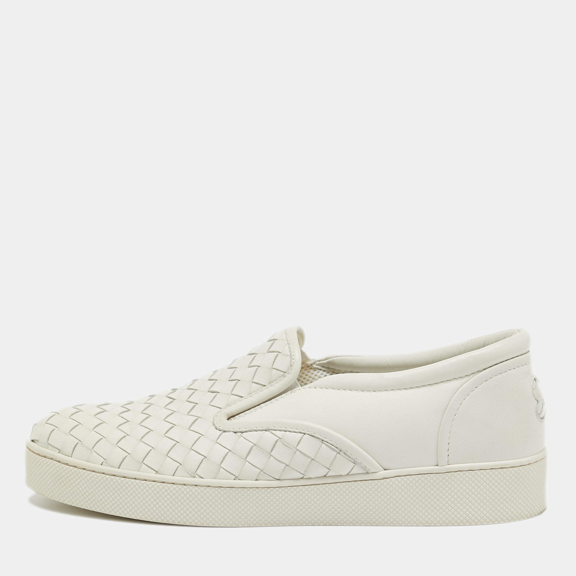 Pre Owned Bottega Veneta White Woven Leather Dodger Slip On Sneakers Size 38.5