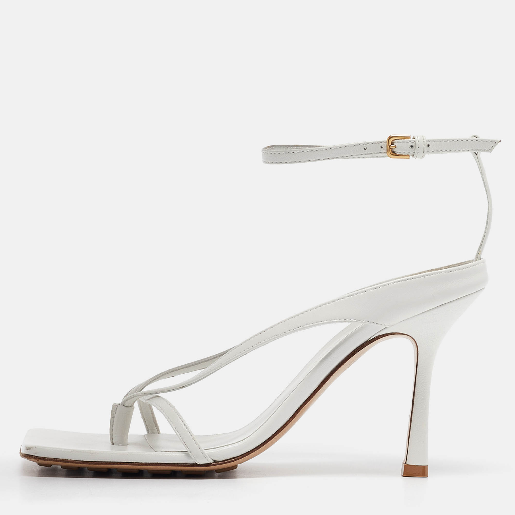 Bottega Veneta White Leather Stretch Ankle Strap Sandals Size 37.5