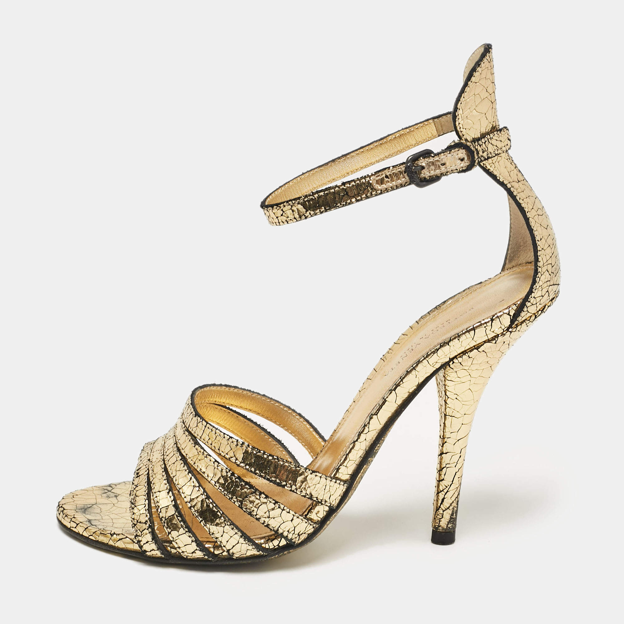 Bottega Veneta Gold Laminated Suede Ankle Strap Sandals Size 36