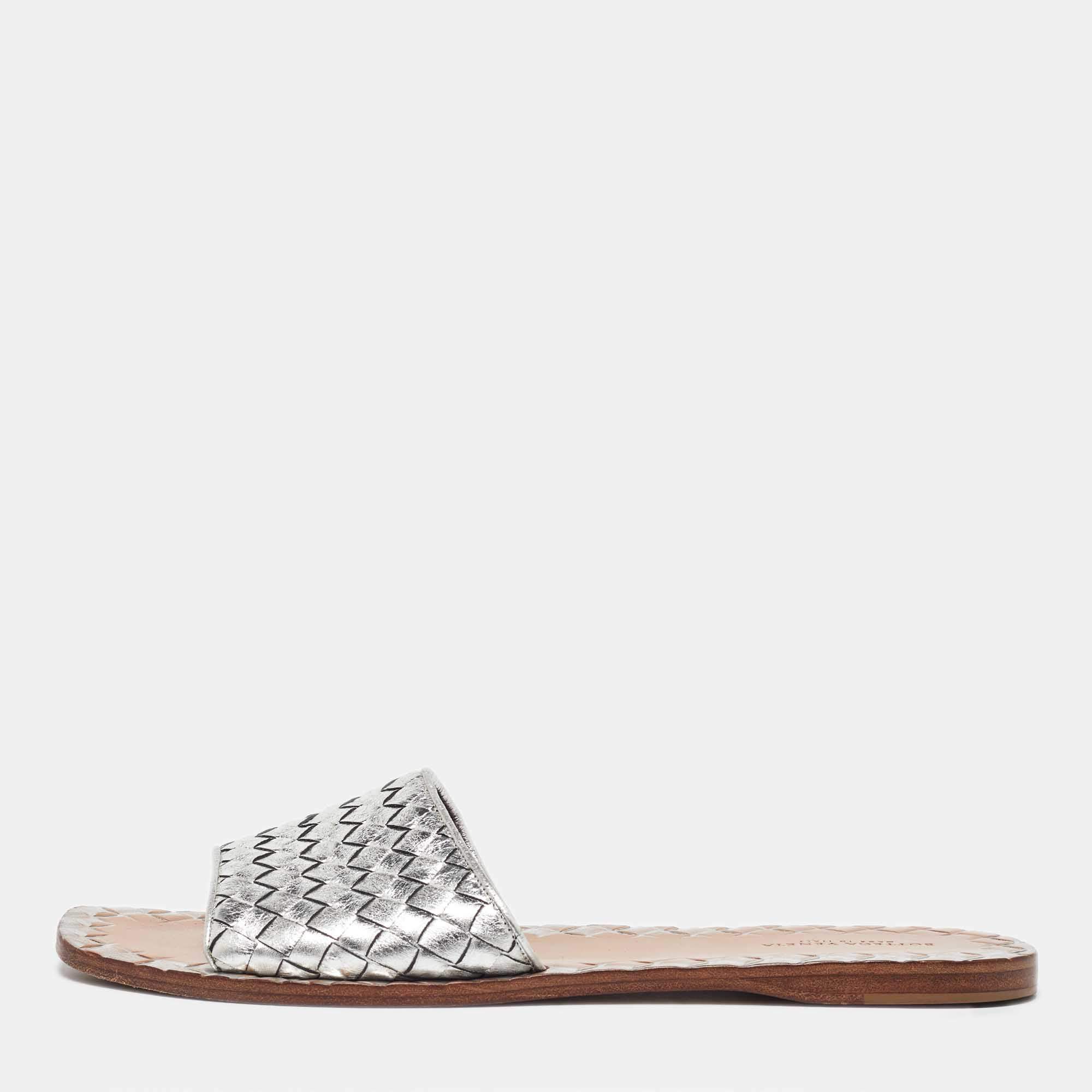 Bottega Veneta Silver Intrecciato Leather Flat Slides Size 39