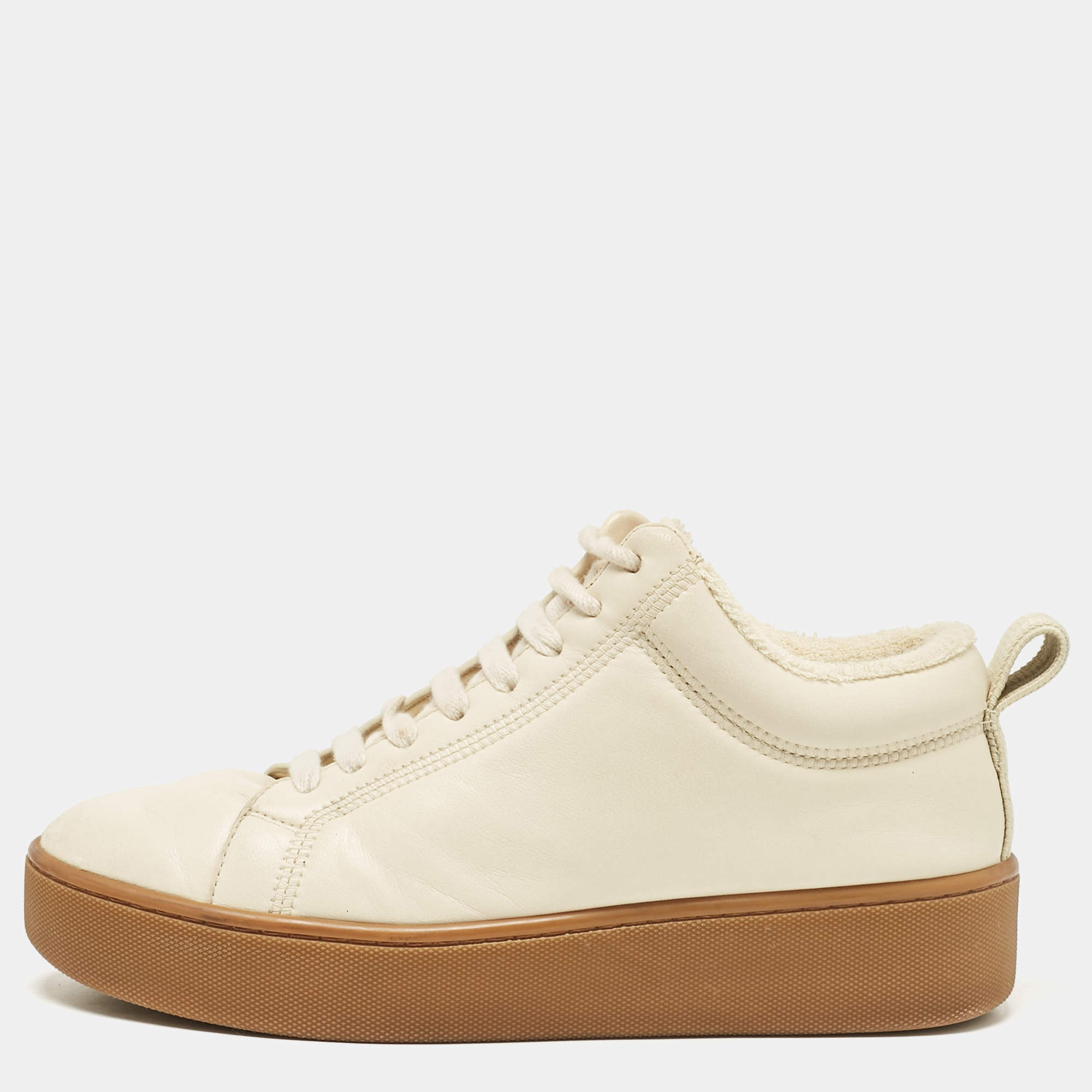 Pre Owned Bottega Veneta Cream Leather Lace Up Sneakers Size 37