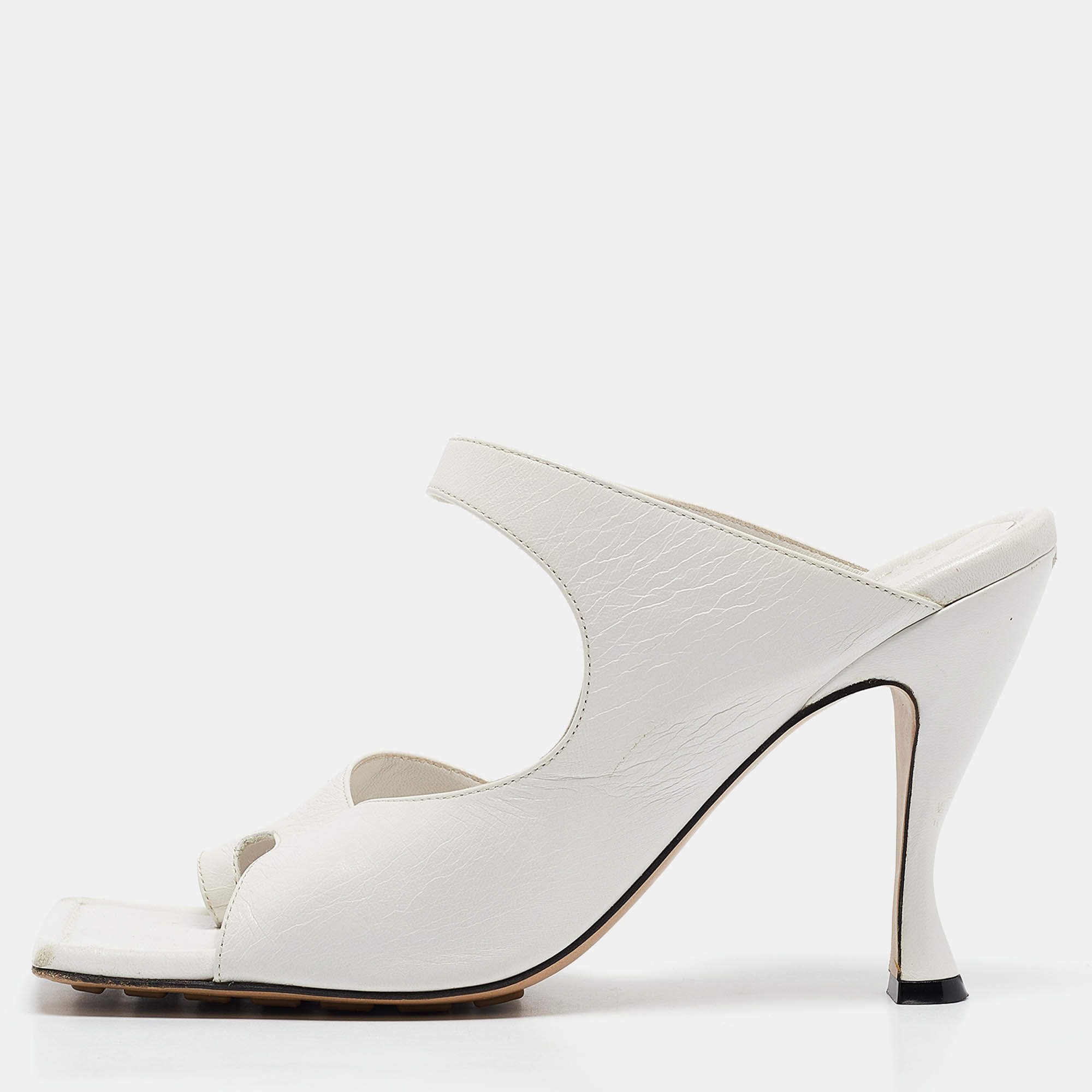 Bottega Veneta White Leather Square Toe Slide Sandals Size 40