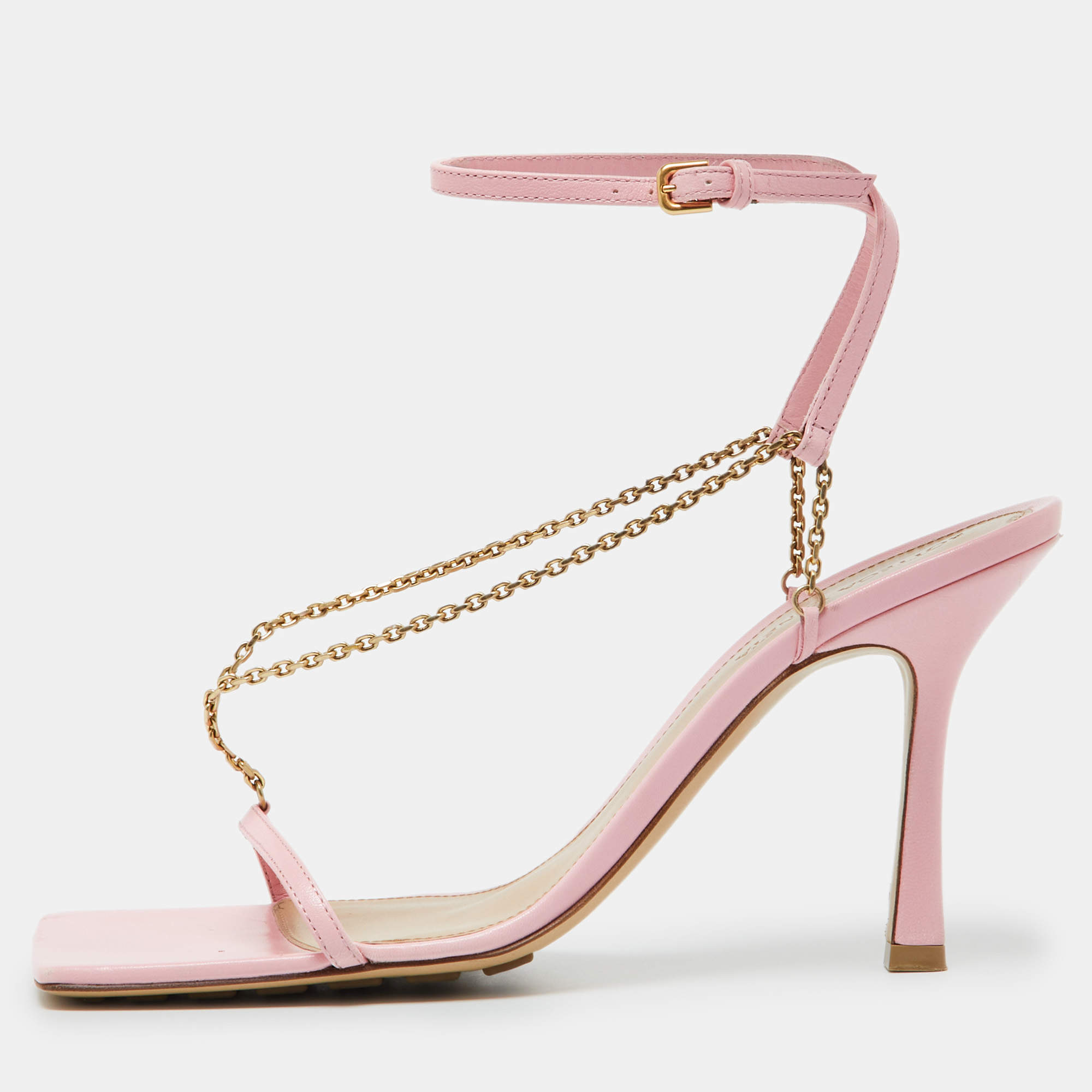 Bottega Veneta Pink Leather Chain Link T Strap Sandals Size 39