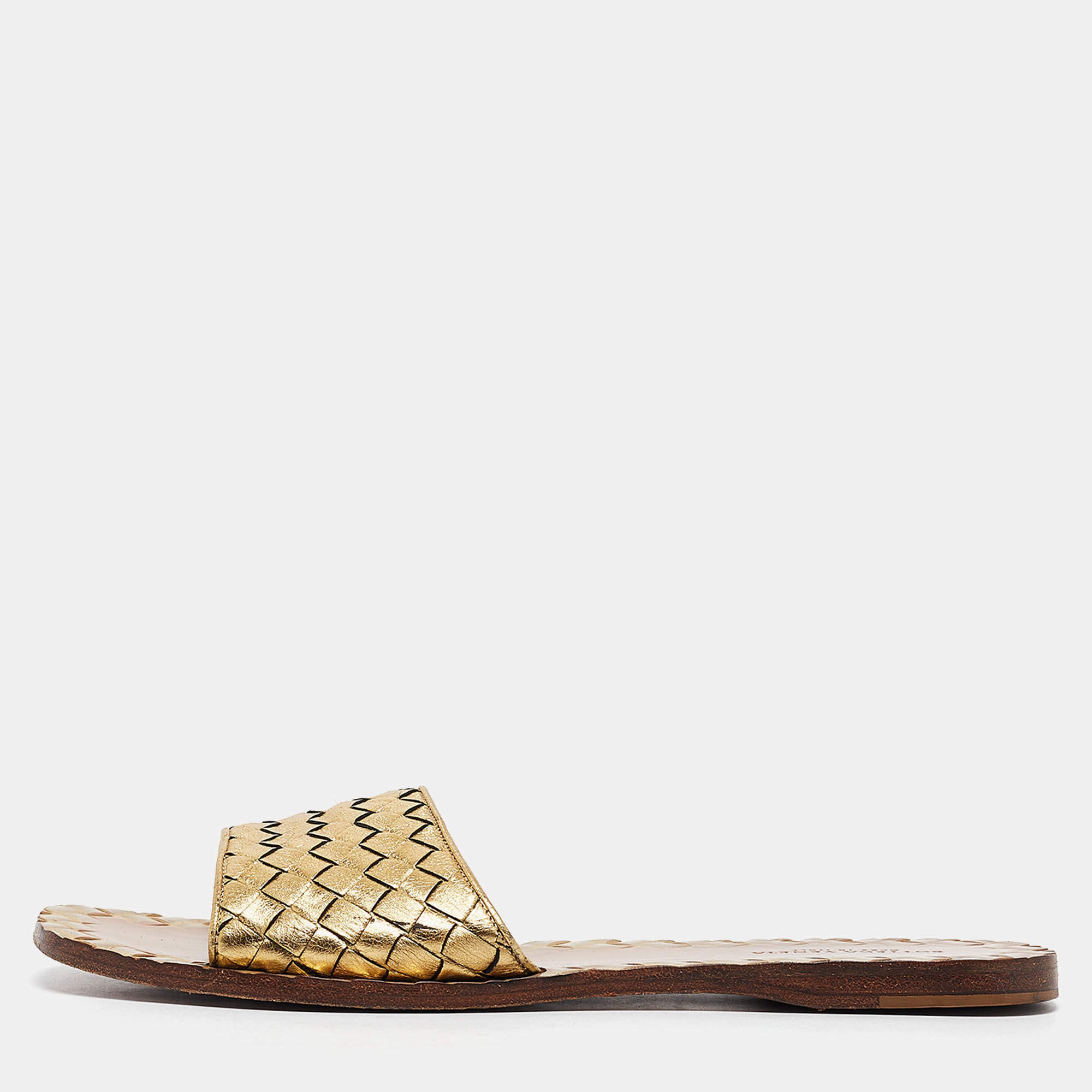 Bottega Veneta Gold Leather Intrecciato Flat Slides Size 36.5