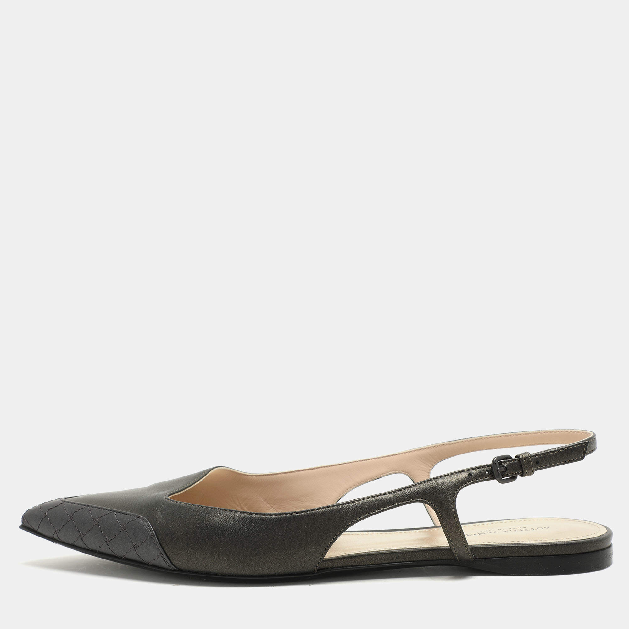 Pre Owned Bottega Veneta Metallic Grey Leather Slingback Flats Size 39.5
