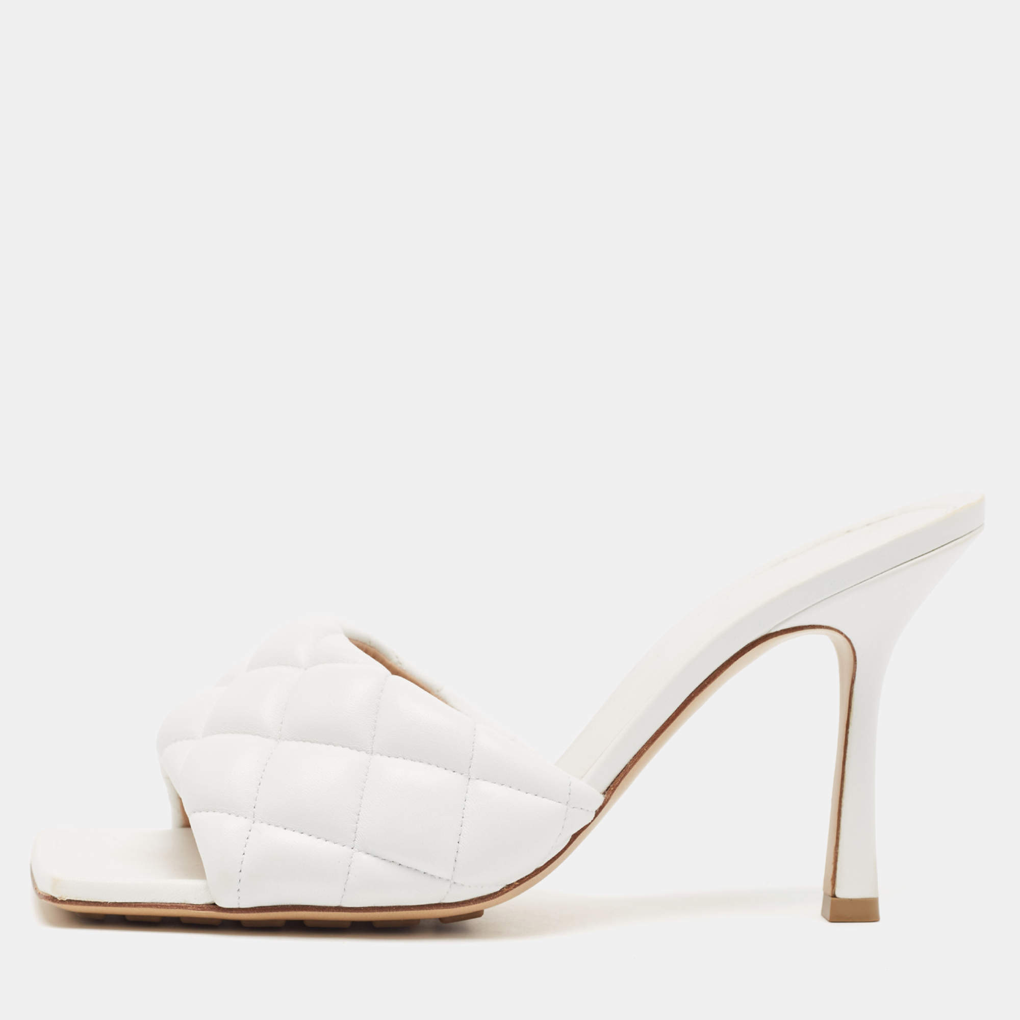 Pre Owned Bottega Veneta White Leather Lido Slide Sandals Size 38.5