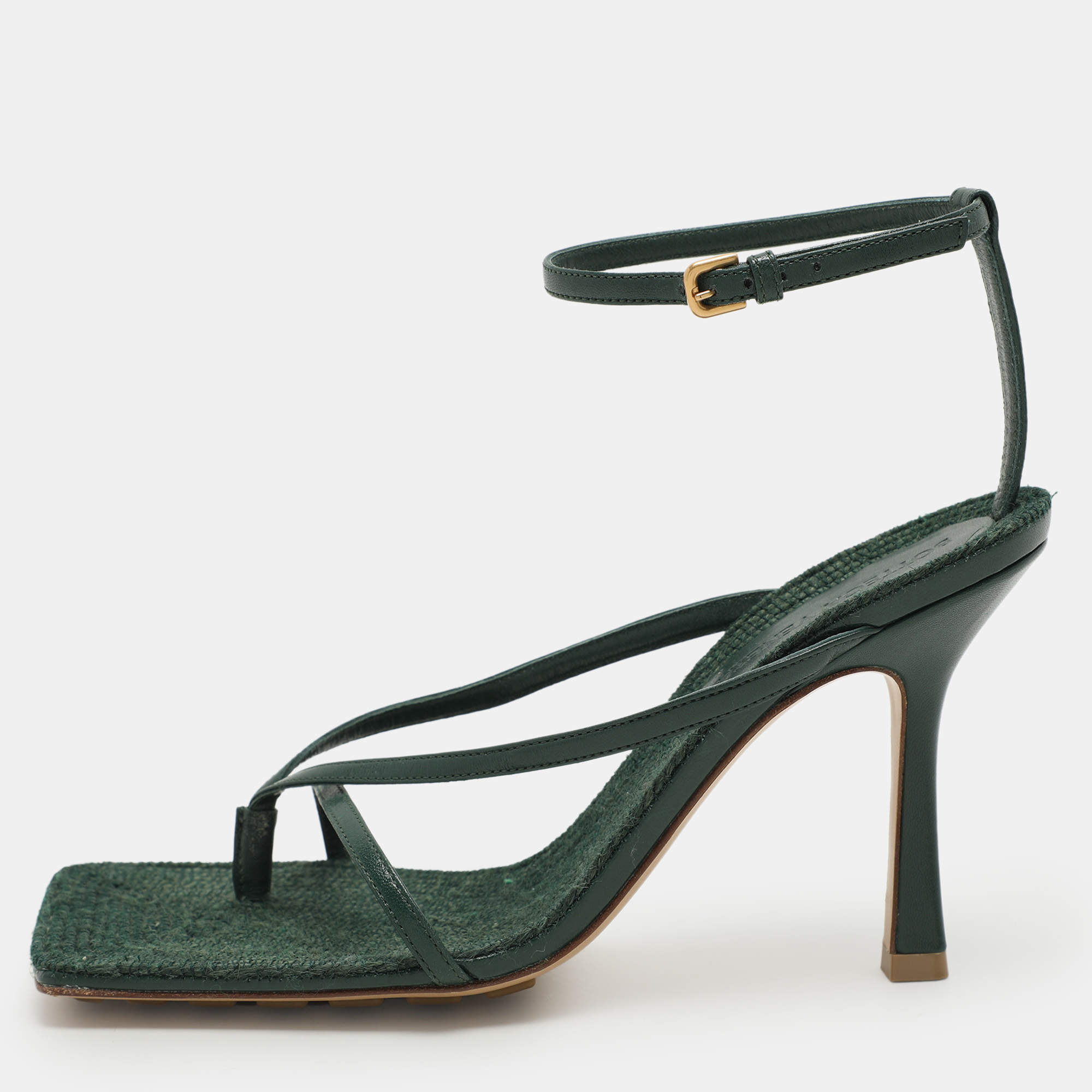 Pre Owned Bottega Veneta Green Leather Stretch Ankle Strap Sandals Size 37