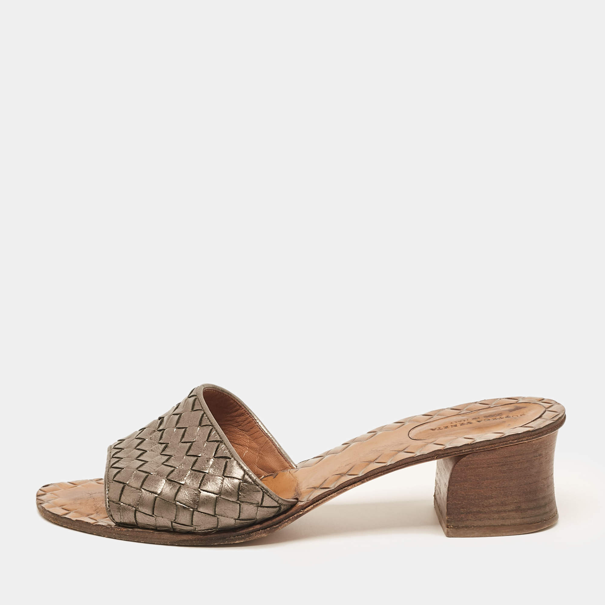 Bottega Veneta Metallic Intrecciato Leather Ravello Slide Sandals Size 40