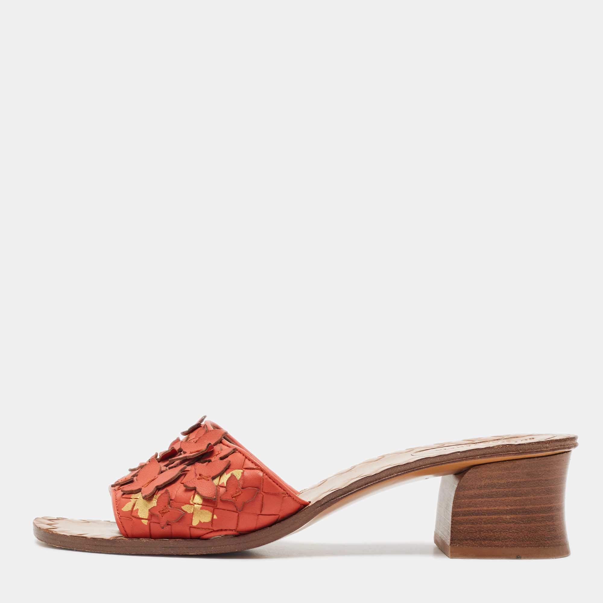 Bottega Veneta Orange Intrecciato Leather Butterfly Applique Ravello Sandals Size 38 