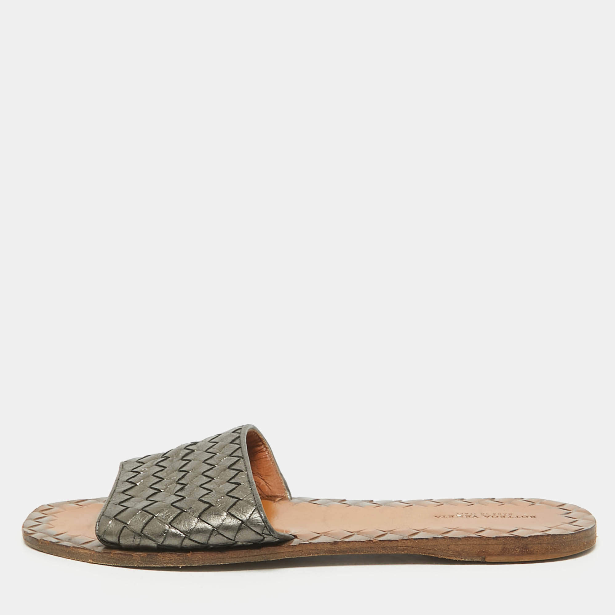 Bottega Veneta Metallic Grey Intrecciato Leather Flat Slides Size 39