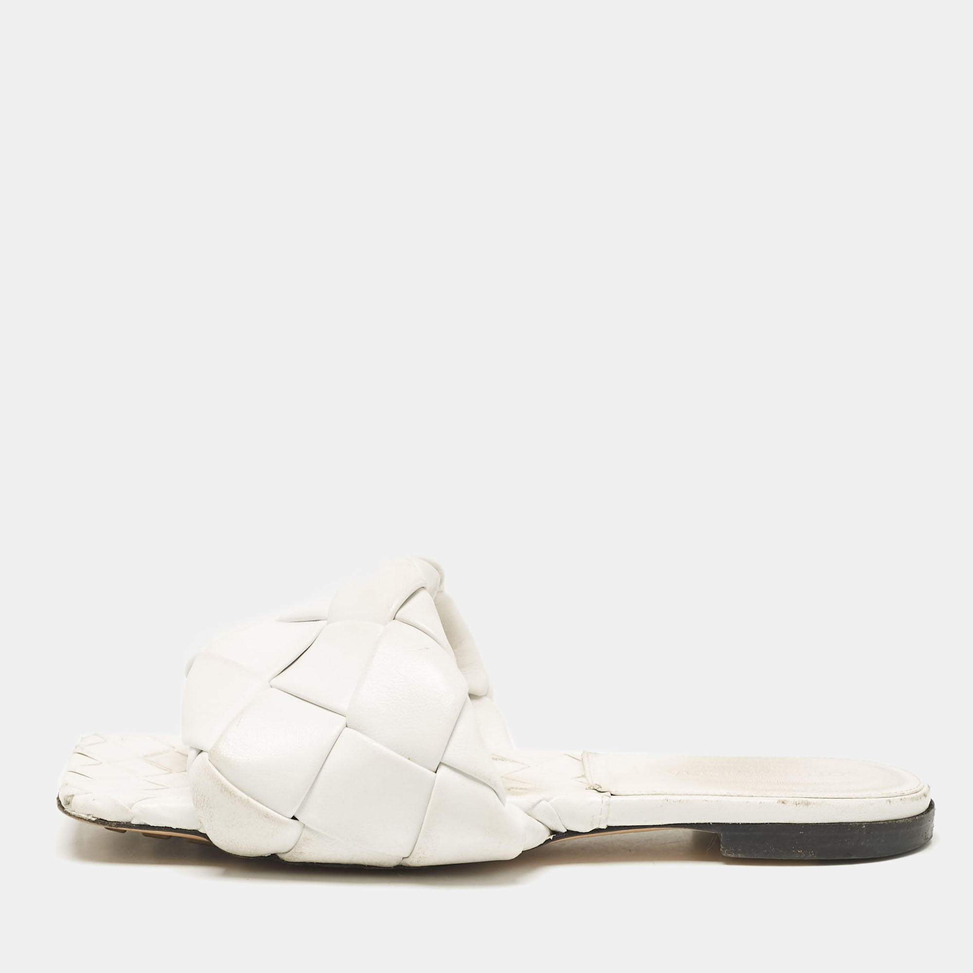 Bottega Veneta White Woven Leather Lido Flat Slides Size 37.5